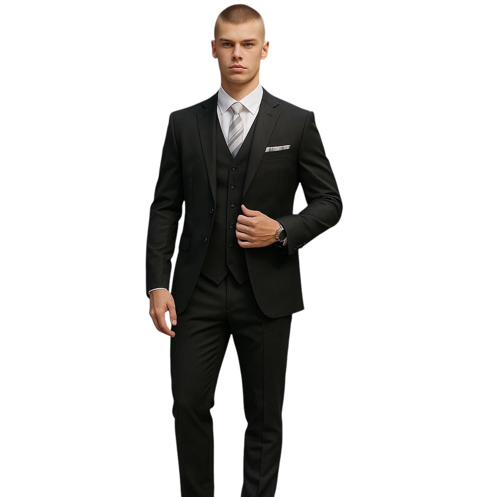 Black Solid 3-PC Modern Fit Suits For Men Black / 46L/40W / M302-01
