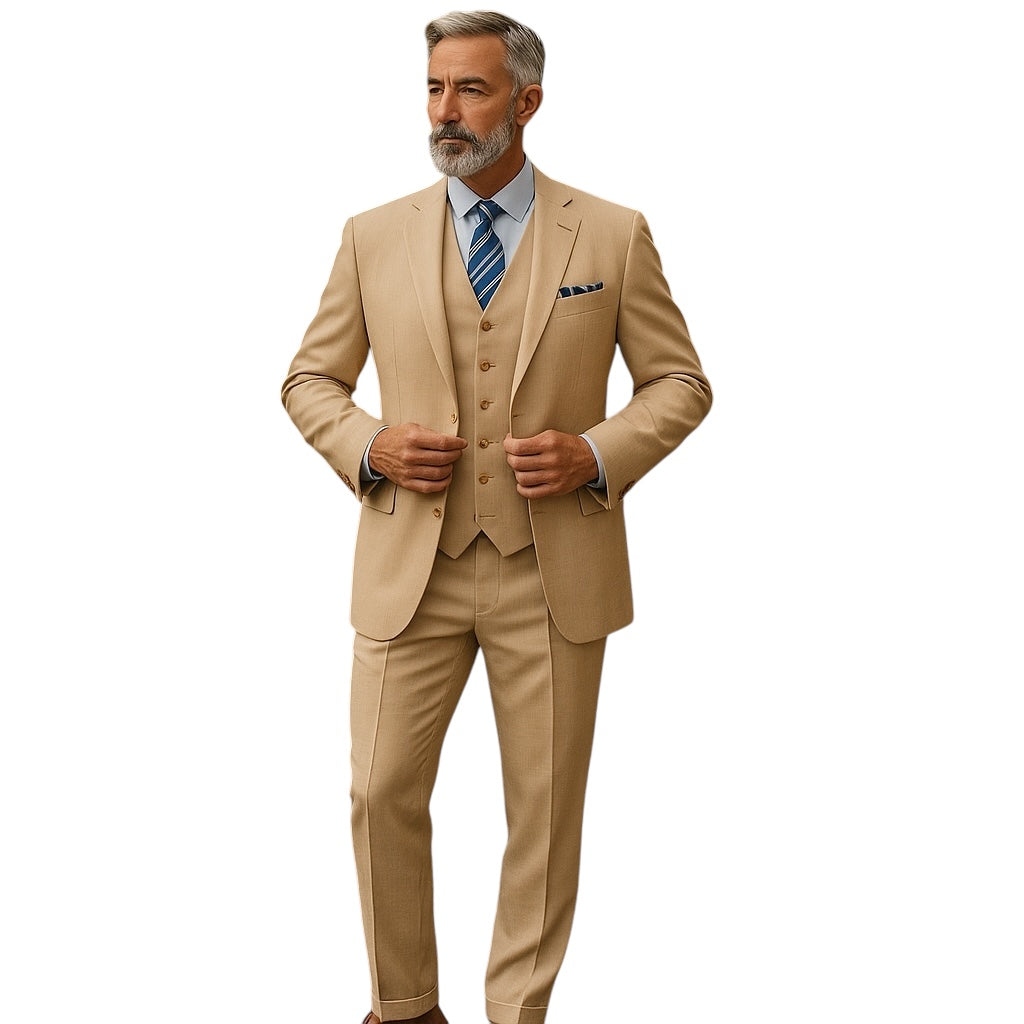 Wheat Solid Shiny Sharkskin 3-PC Regular Modern Fit Suits For Men