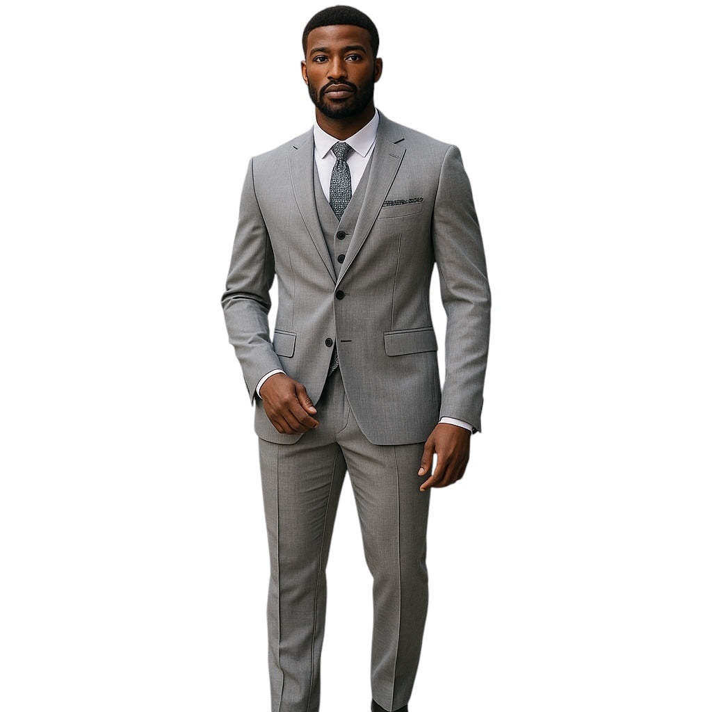 Lt. Gray Solid Shiny Sharkskin 3-PC Regular Modern Fit Suits For Men