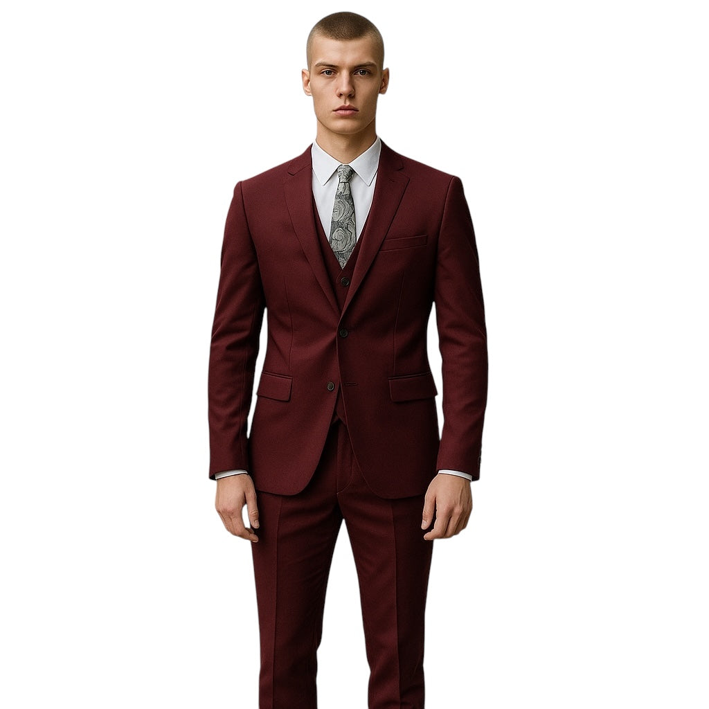 Cherry Red Solid 3-PC Ultra Slim Fit Suits For Men