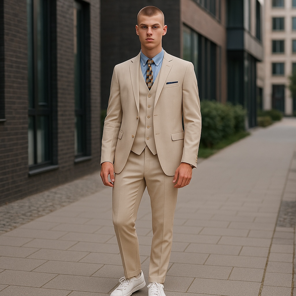 Tan 3-PC Slim Fit Performance Stretch Suits For Men