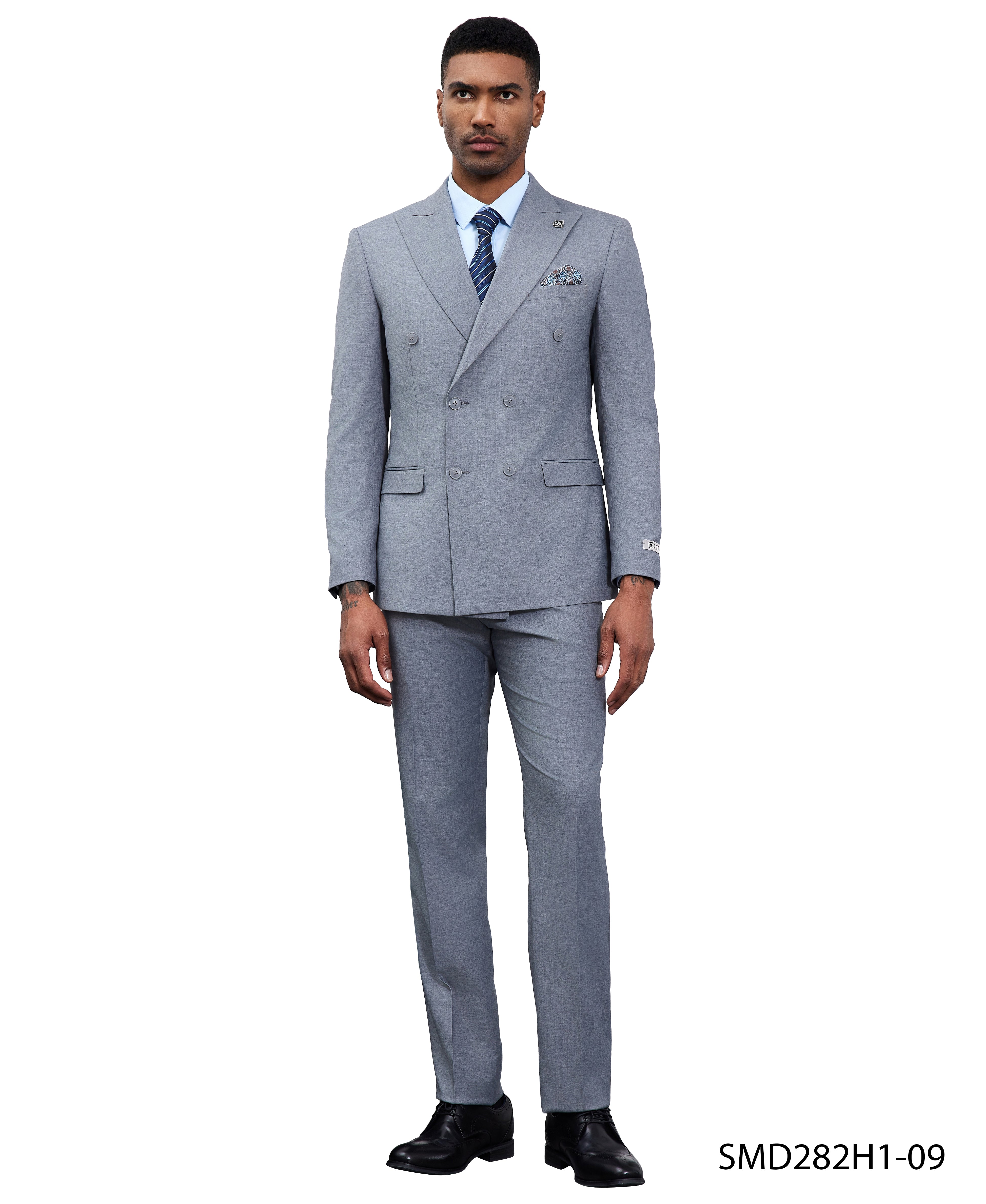 Men’s Suit, Stacy Adams Double-Breasted Suit, Medium Grey Suit, Peak Lapel Suit, Business Attire, Formalwear, Wedding Suit, Special Occasion Suit, D&K Menswear Collection