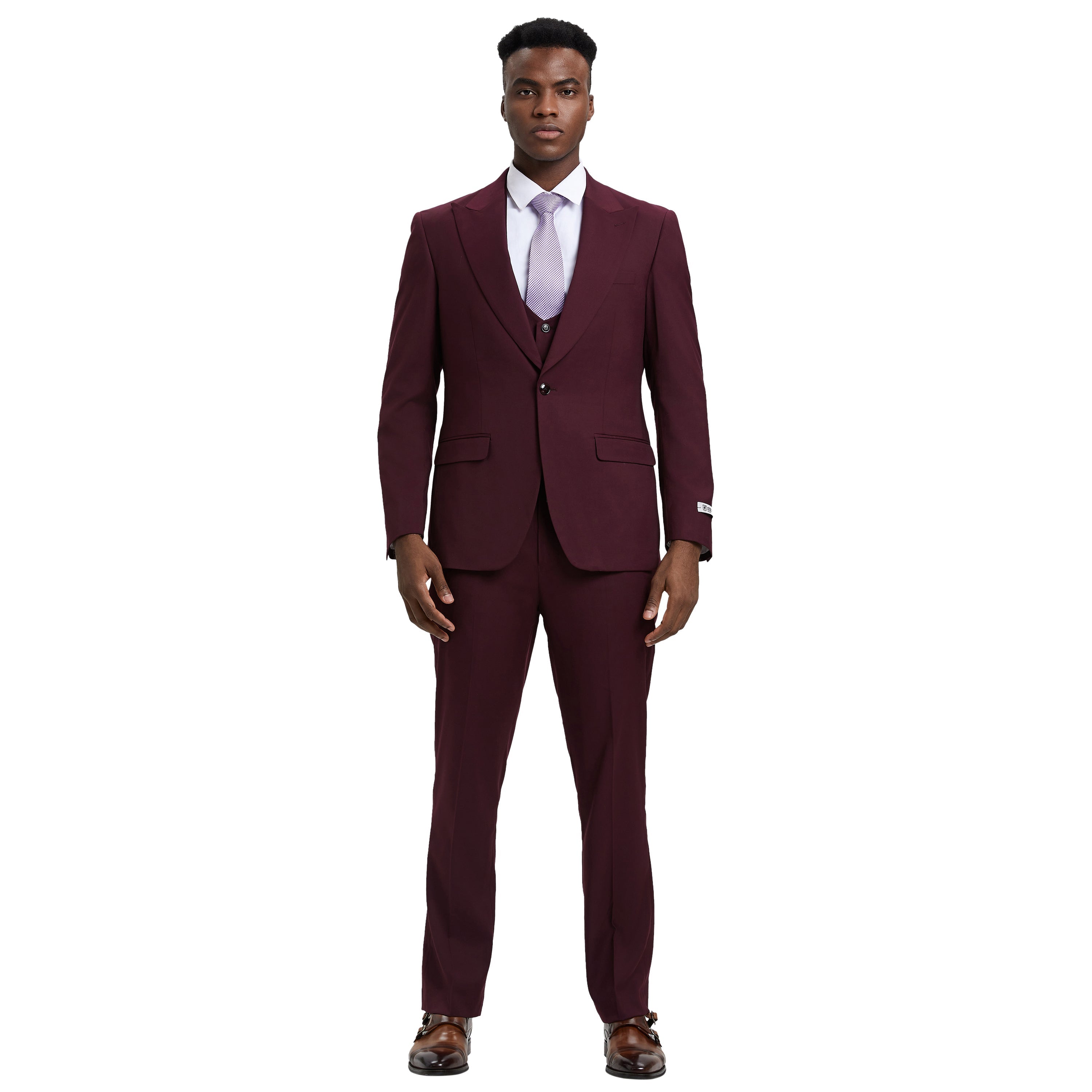 Men’s Suit, Stacy Adams 3-Piece Suit, Hybrid-Fit Suit, Peak Lapel Suit, Burgundy Suit, Formalwear, Business Attire, Wedding Suit, D&K Menswear Collection