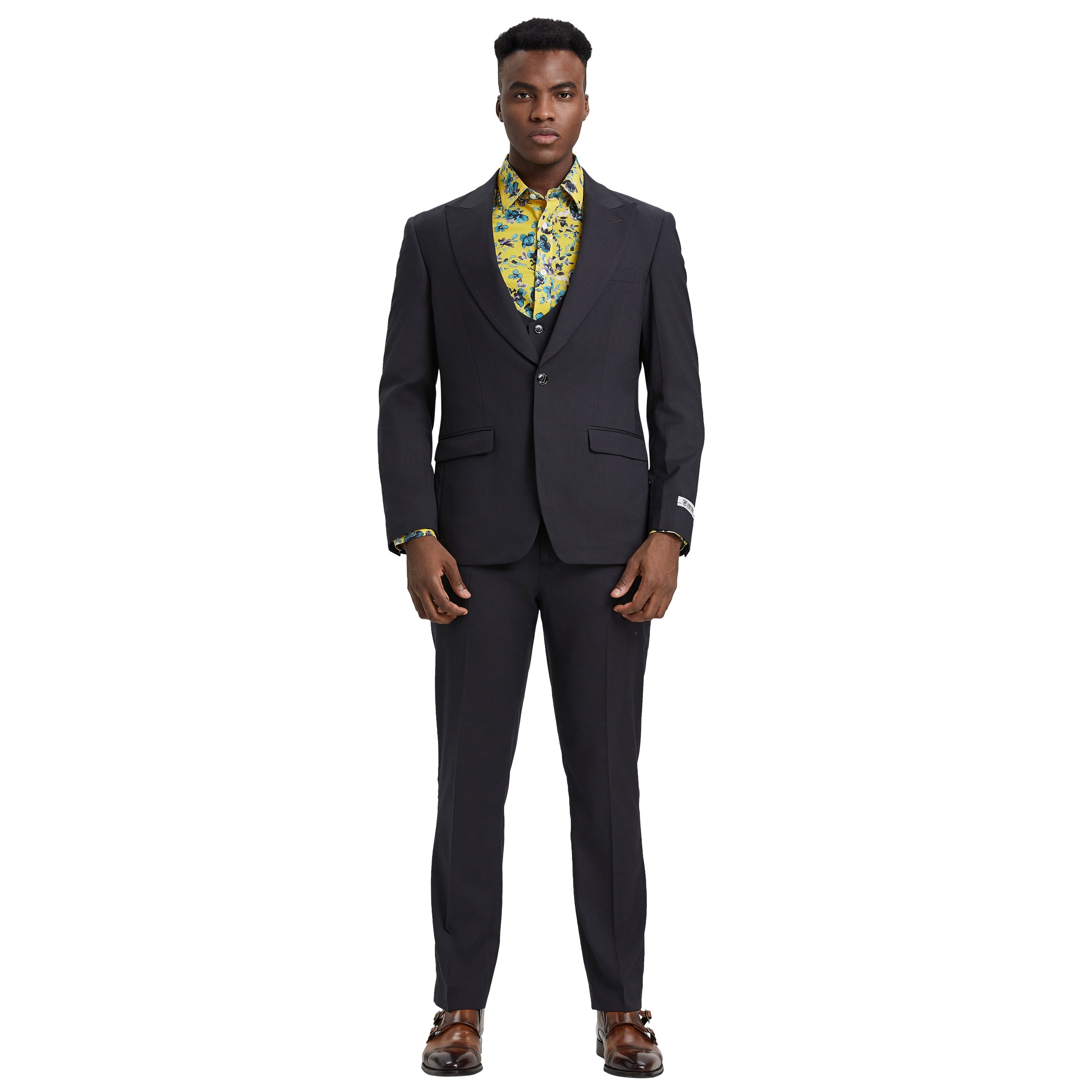 Men’s Suit, Stacy Adams 3-Piece Suit, Hybrid-Fit Suit, Peak Lapel Suit, Dark Grey Suit, Formalwear, Business Attire, Wedding Suit, D&K Menswear Collection