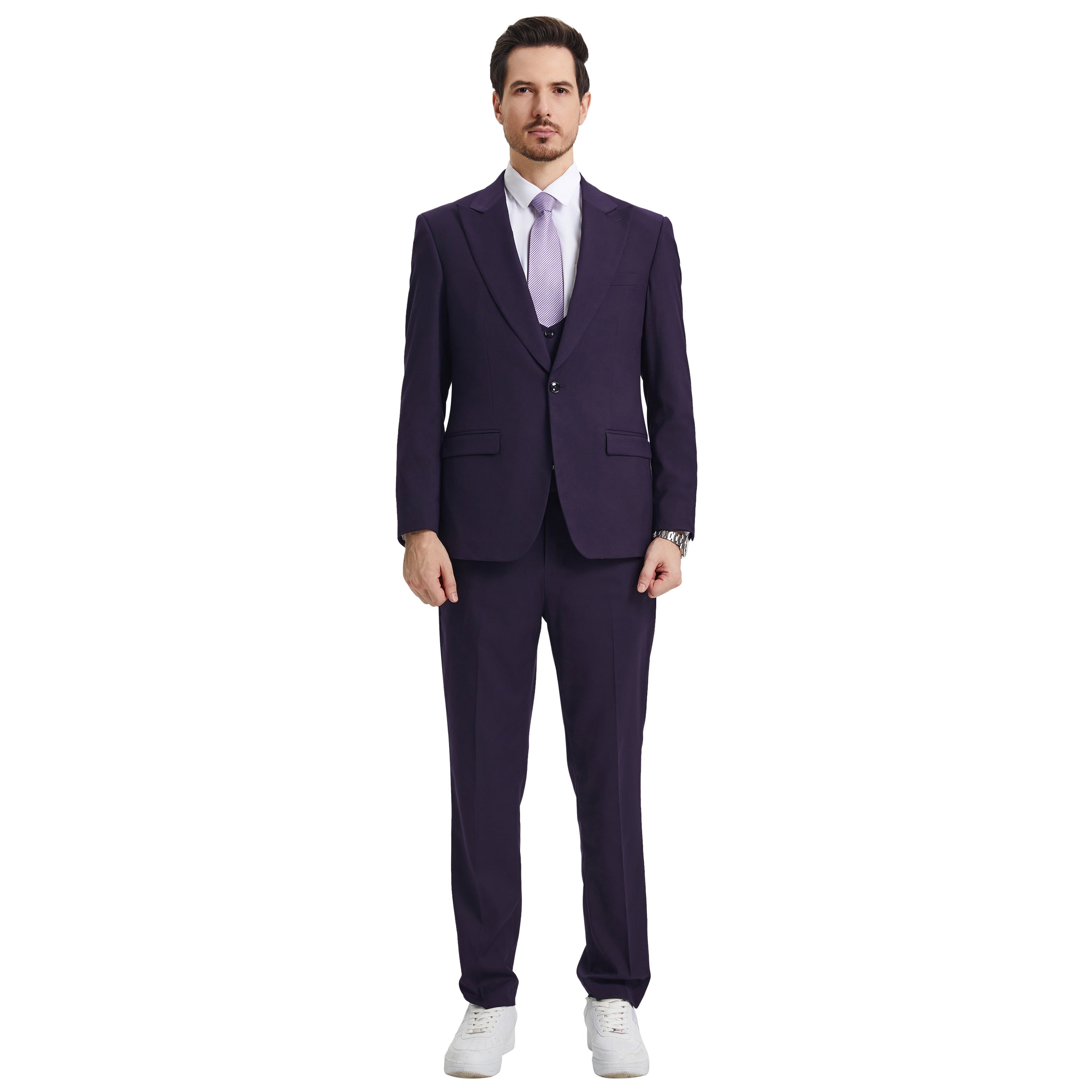 Men’s Suit, Stacy Adams 3-Piece Suit, Hybrid-Fit Suit, Peak Lapel Suit, Eggplant Suit, Formalwear, Business Attire, Wedding Suit, D&K Menswear Collection
