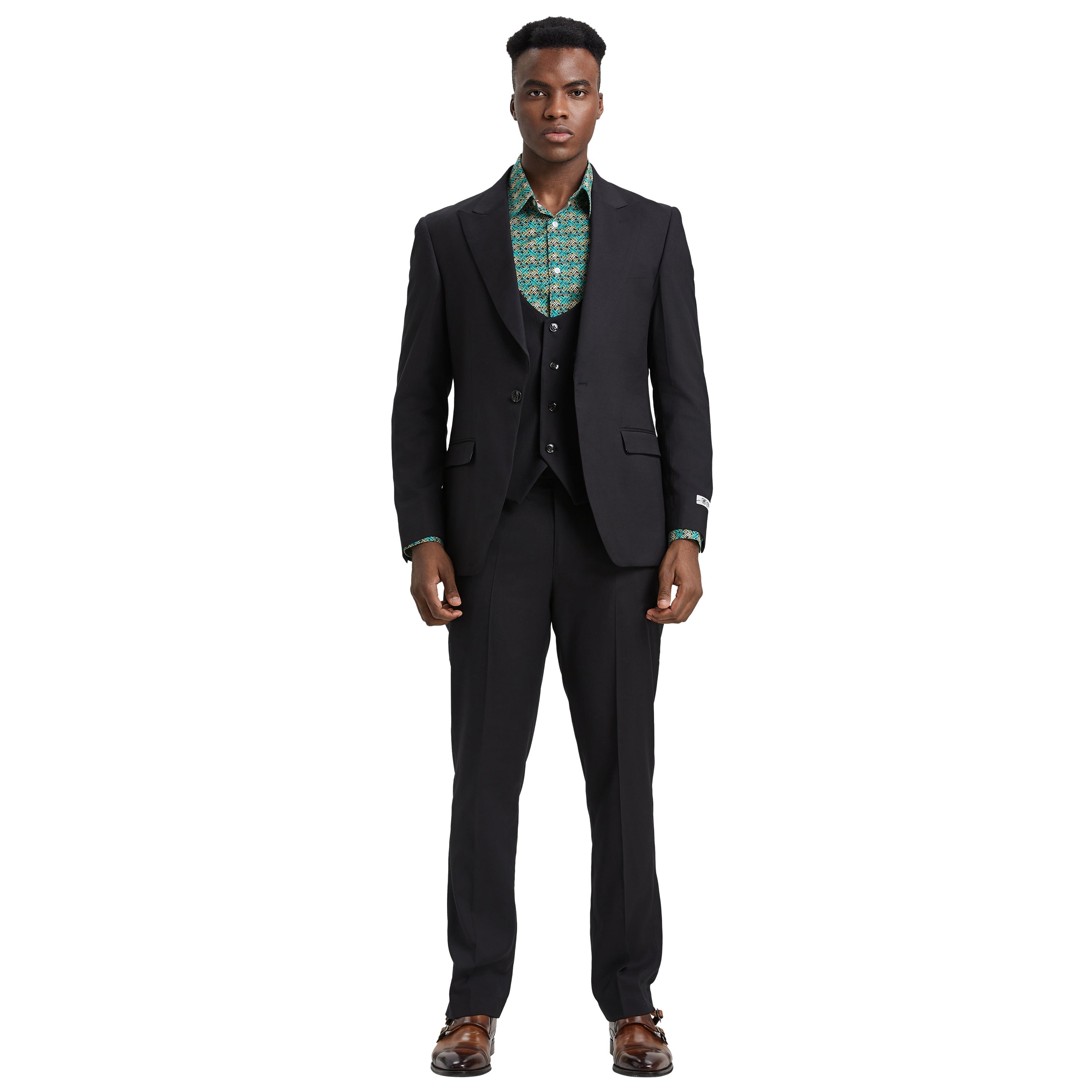 Men’s Suit, Stacy Adams 3-Piece Suit, Hybrid-Fit Suit, Peak Lapel Suit, Black Suit, Formalwear, Business Attire, Wedding Suit, D&K Menswear Collection