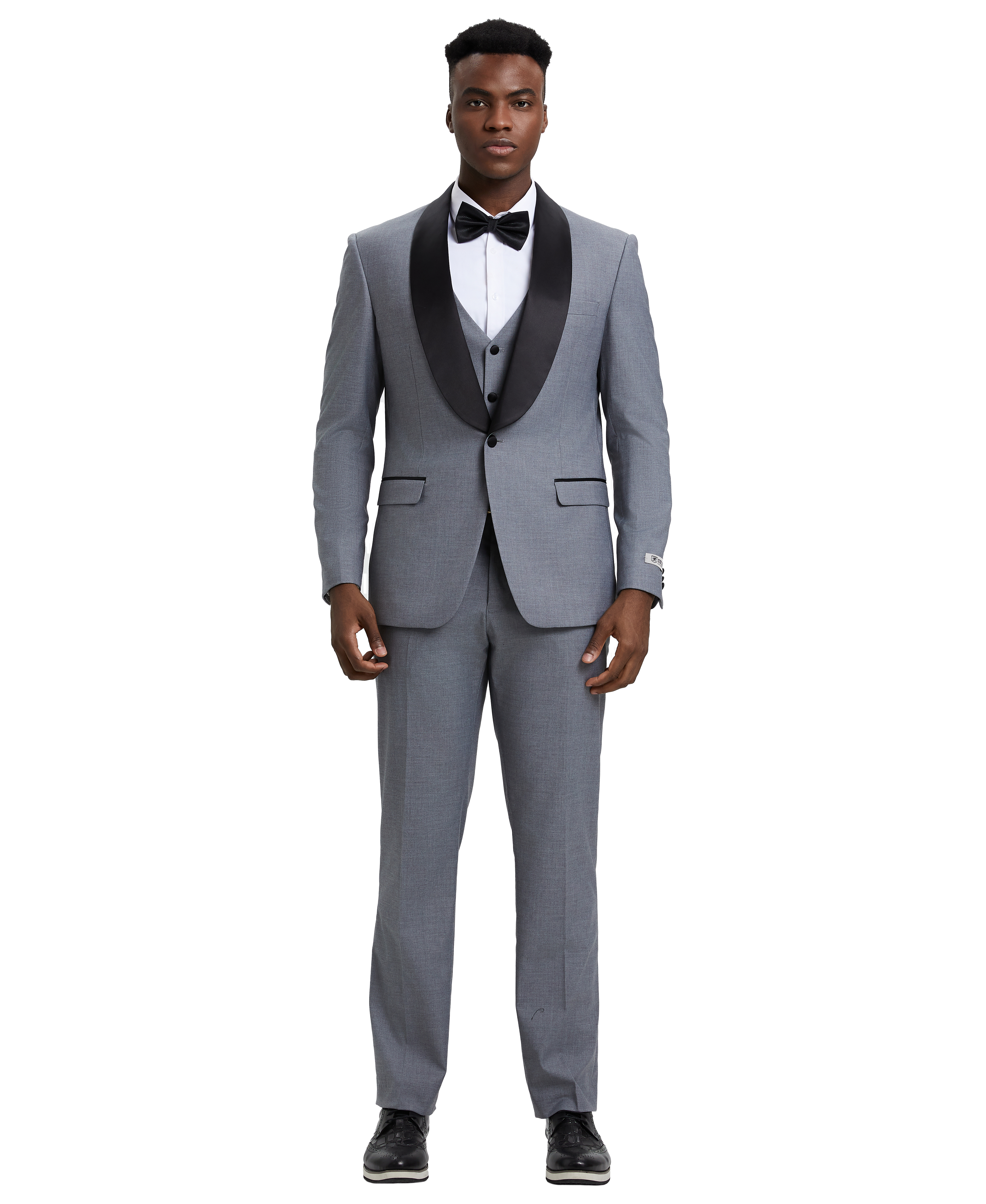 Men’s Tuxedo, Stacy Adams 3-Piece Tuxedo, Hybrid-Fit Tuxedo, Shawl Collar Tuxedo, Grey Tuxedo, Formalwear, Wedding Tuxedo, Black-Tie Attire, D&K Menswear Collection