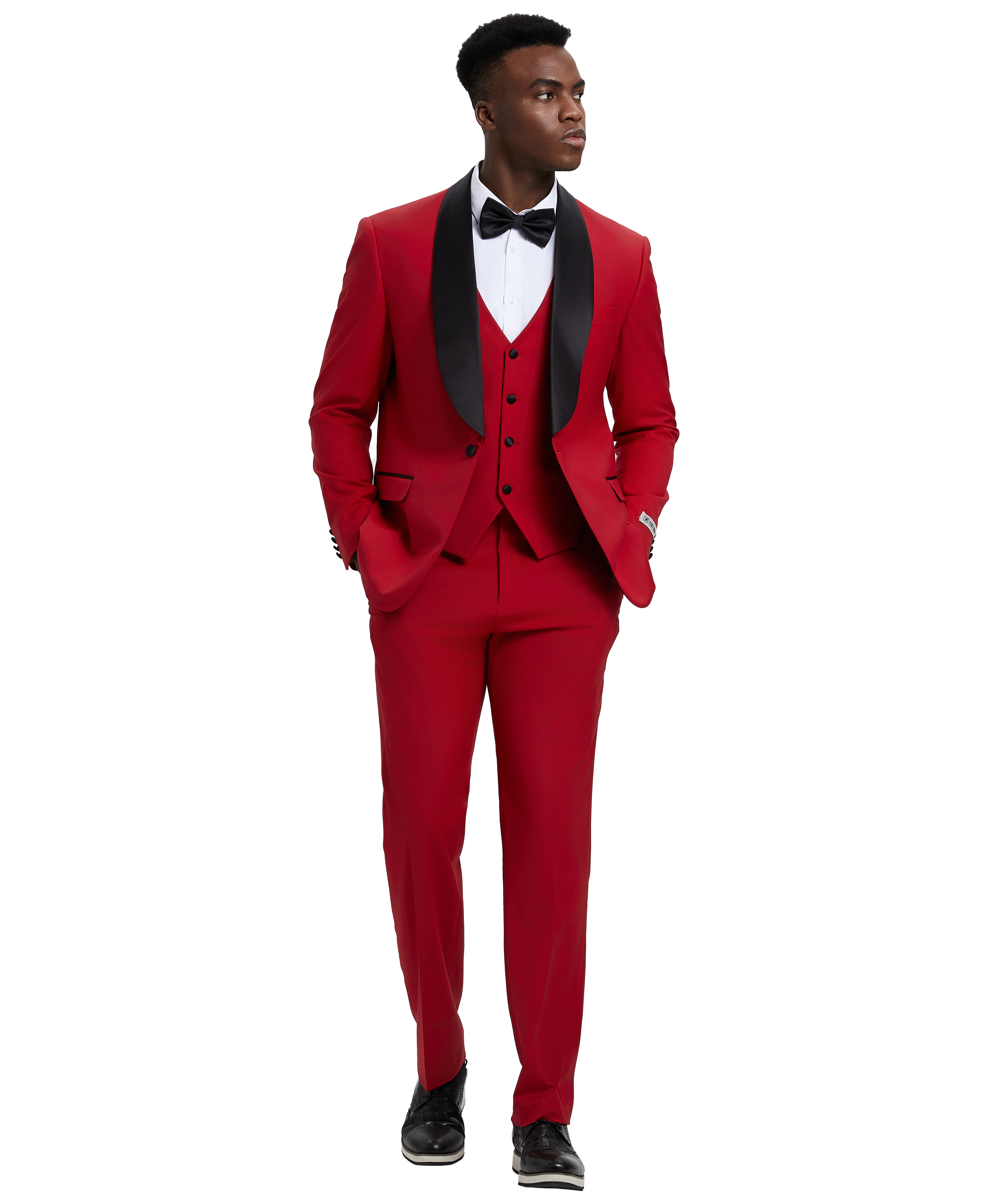 Men’s Tuxedo, Stacy Adams 3-Piece Tuxedo, Hybrid-Fit Tuxedo, Shawl Collar Tuxedo, Red Tuxedo, Formalwear, Wedding Tuxedo, Black-Tie Attire, D&K Menswear Collection