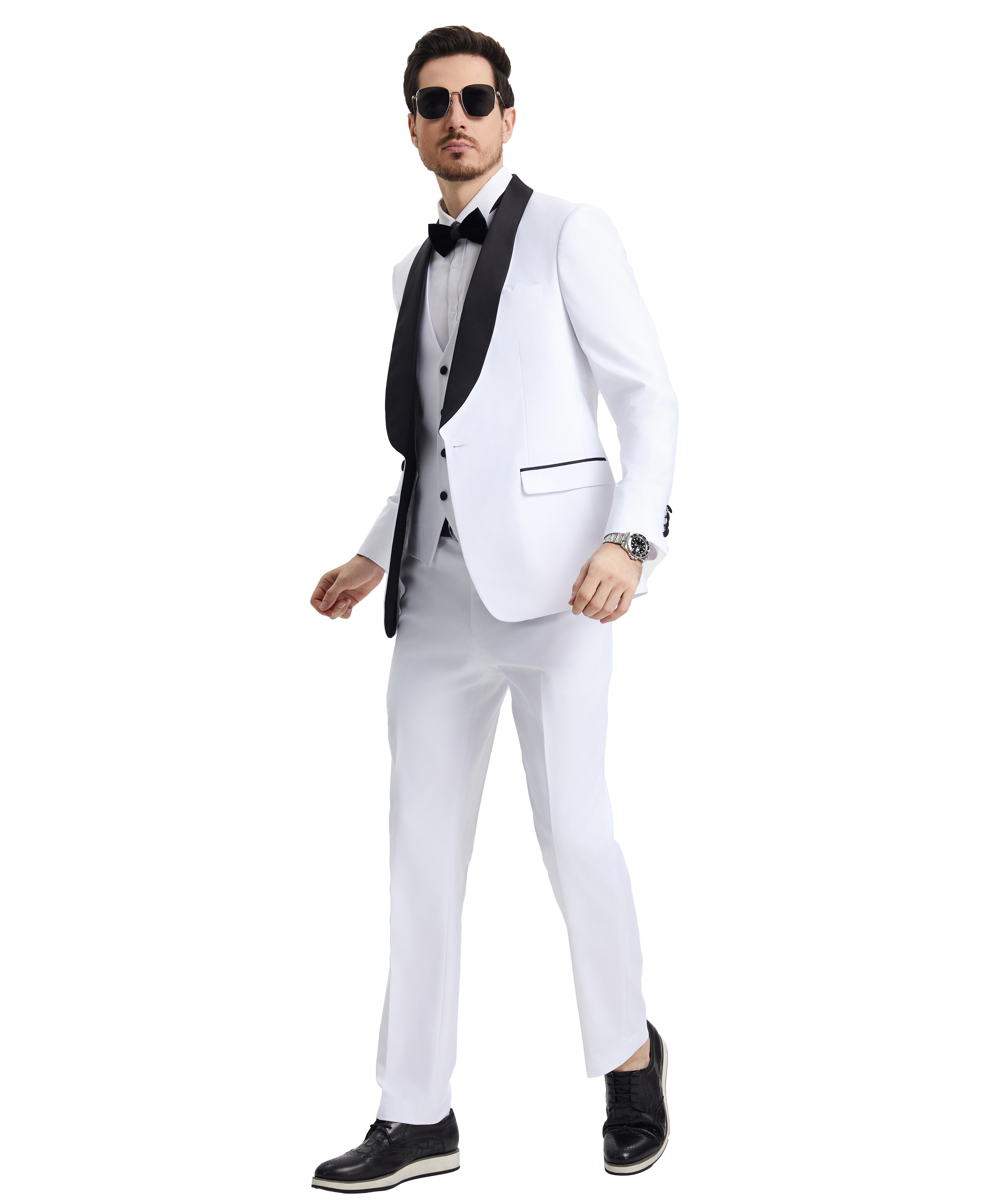 Men’s Tuxedo, Stacy Adams 3-Piece Tuxedo, Hybrid-Fit Tuxedo, Shawl Collar Tuxedo, White Tuxedo, Formalwear, Wedding Tuxedo, Black-Tie Attire, D&K Menswear Collection