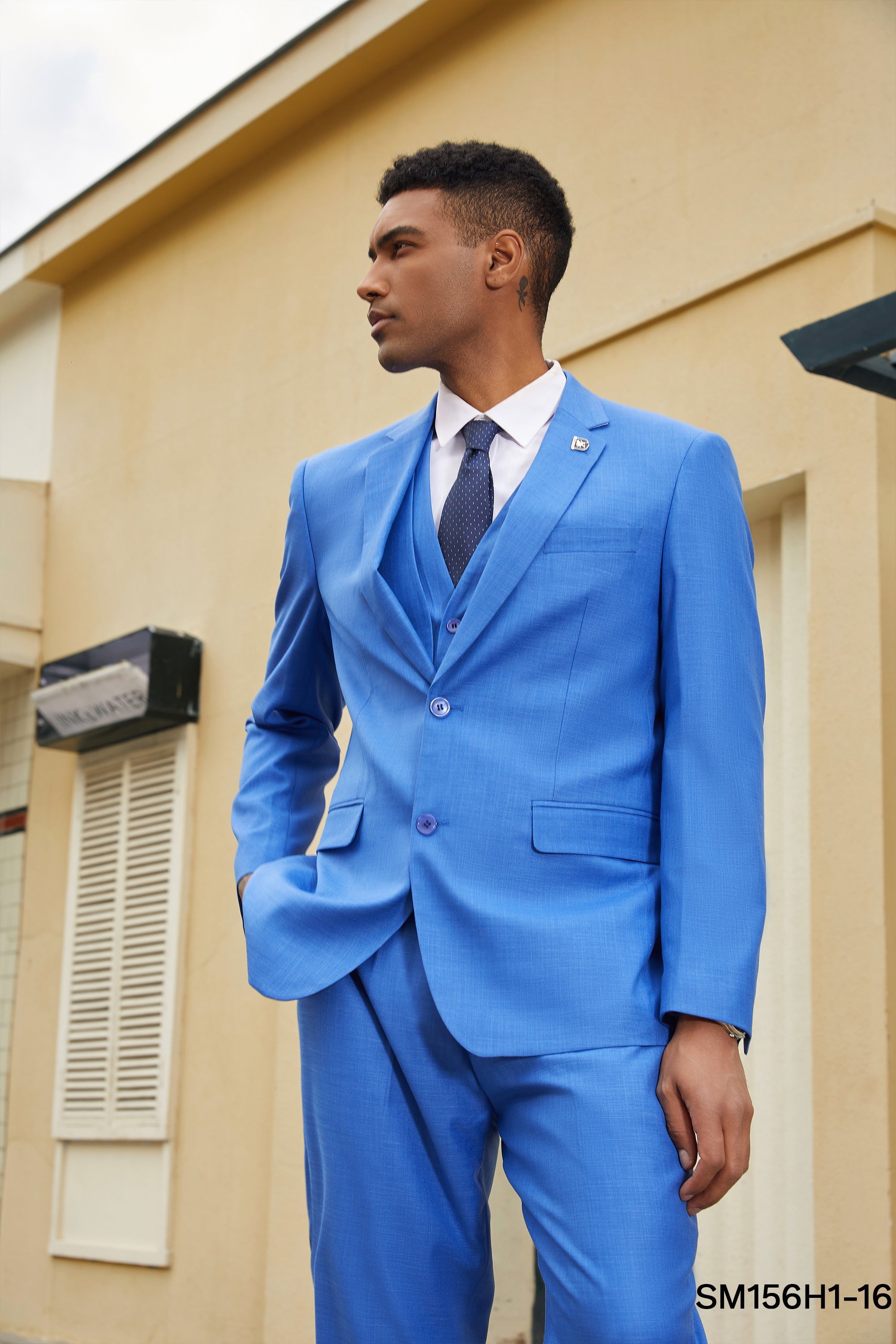 Men’s Suit, Stacy Adams 3-Piece Suit, Hybrid-Fit Suit, Peak Lapel Suit, Textured Blue Suit, Formalwear, Business Attire, Wedding Suit, D&K Menswear Collection