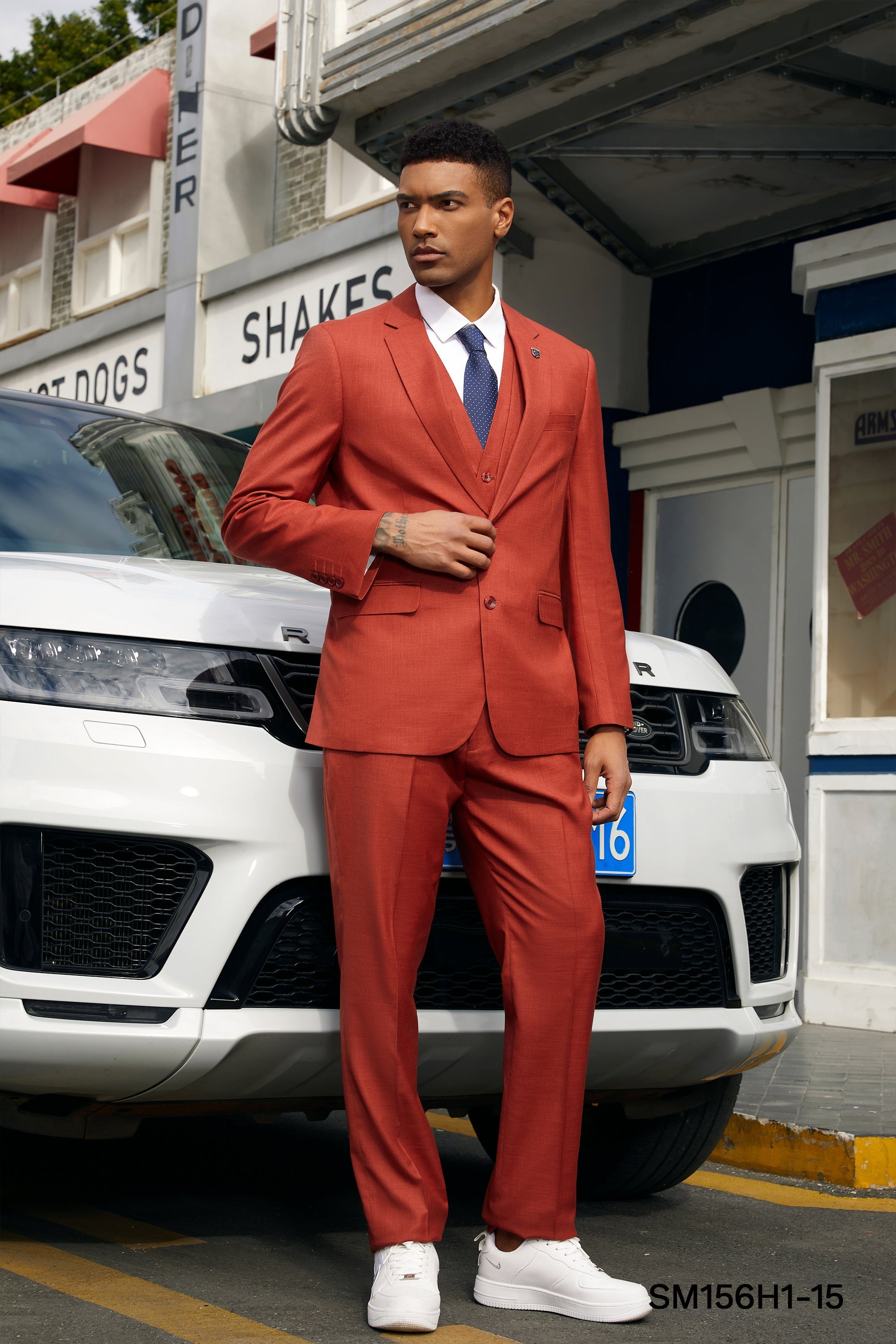 Men’s Suit, Stacy Adams 3-Piece Suit, Hybrid-Fit Suit, Peak Lapel Suit, Textured Rust Suit, Formalwear, Business Attire, Wedding Suit, D&K Menswear Collection