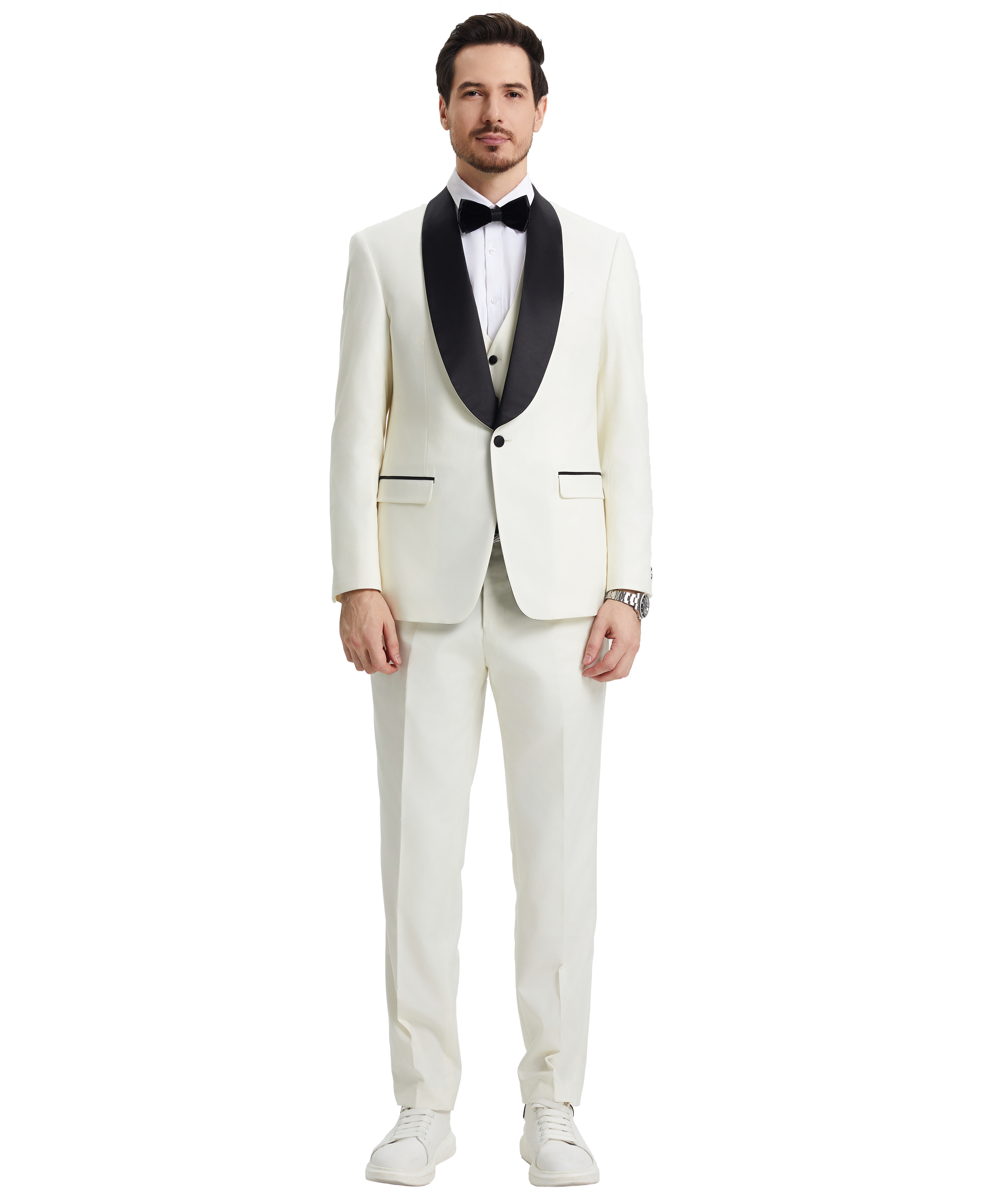 Men’s Tuxedo, Stacy Adams 3-Piece Tuxedo, Hybrid-Fit Tuxedo, Shawl Collar Tuxedo, Ivory Tuxedo, Formalwear, Wedding Tuxedo, Black-Tie Attire, D&K Menswear Collection
