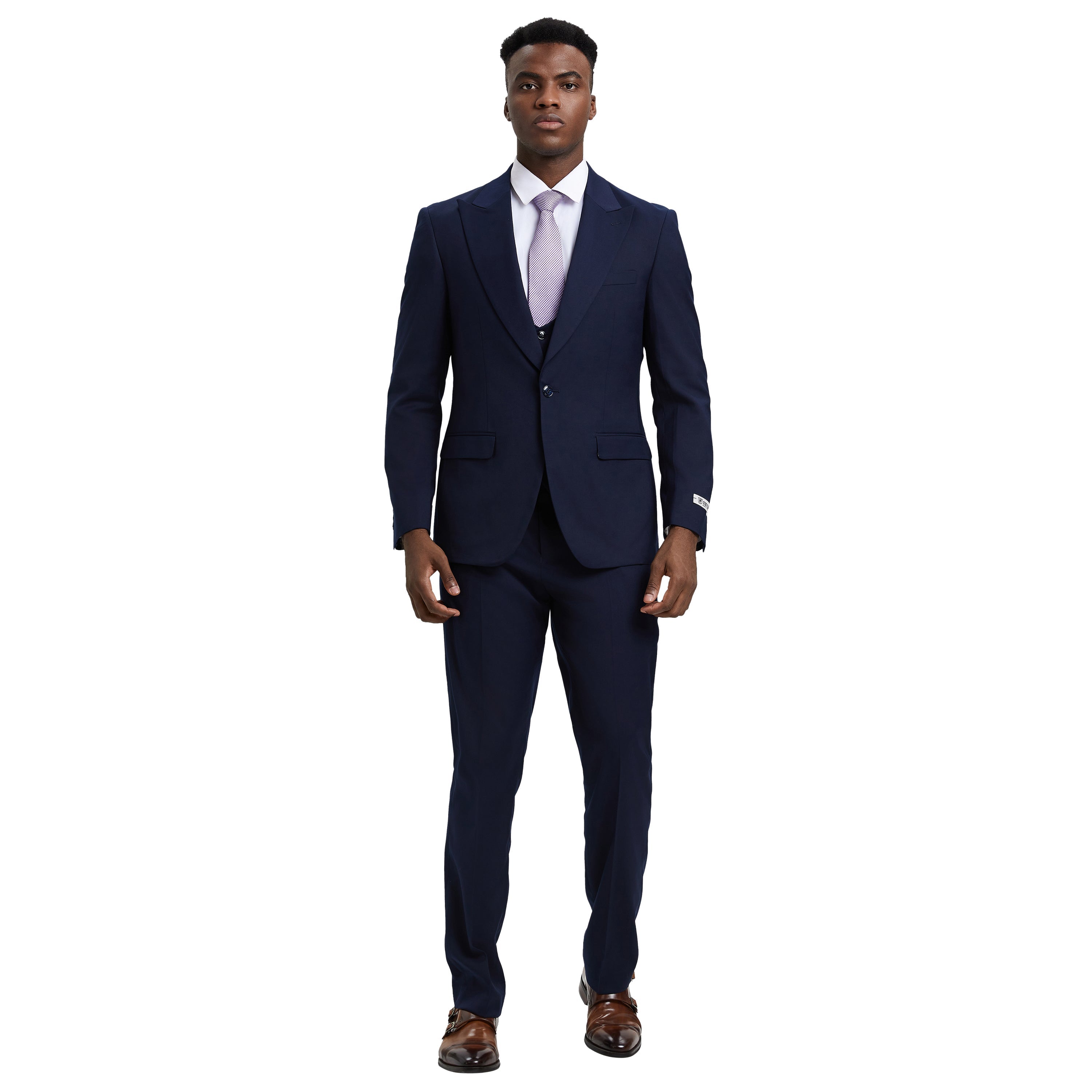 Men’s Suit, Stacy Adams 3-Piece Suit, Hybrid-Fit Suit, Peak Lapel Suit, Navy Suit, Formalwear, Business Attire, Wedding Suit, D&K Menswear Collection