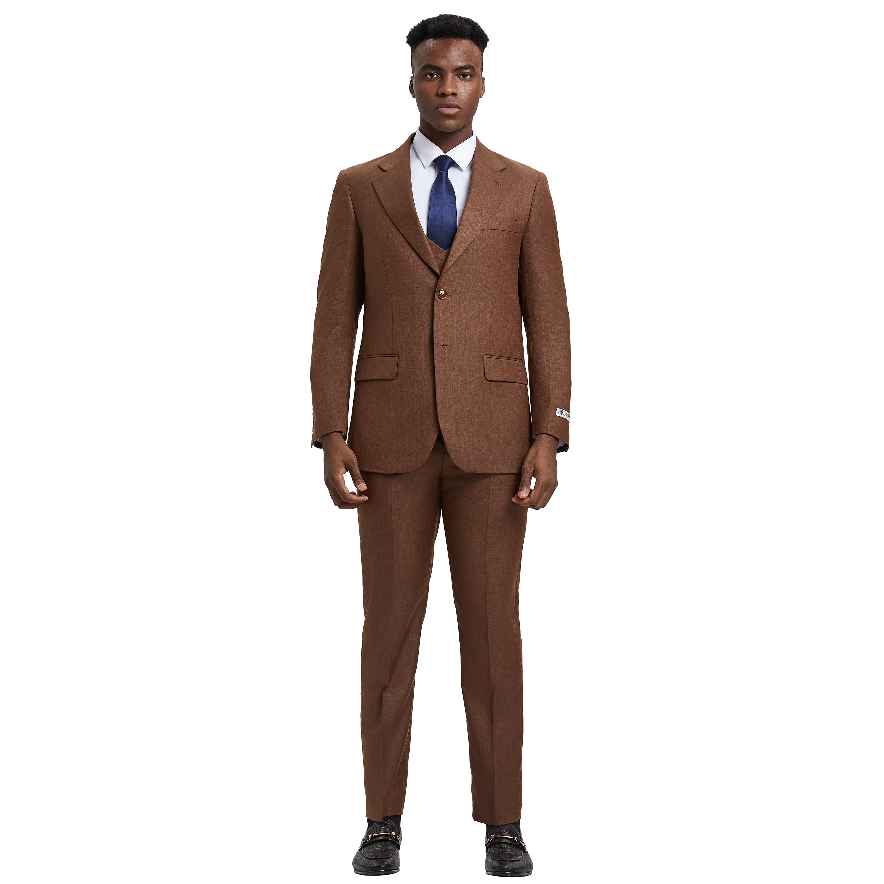 Men’s Suit, Stacy Adams 3-Piece Suit, Cognac Suit, Sharkskin Suit, Formalwear, Business Attire, Wedding Suit, D&K Menswear Collection