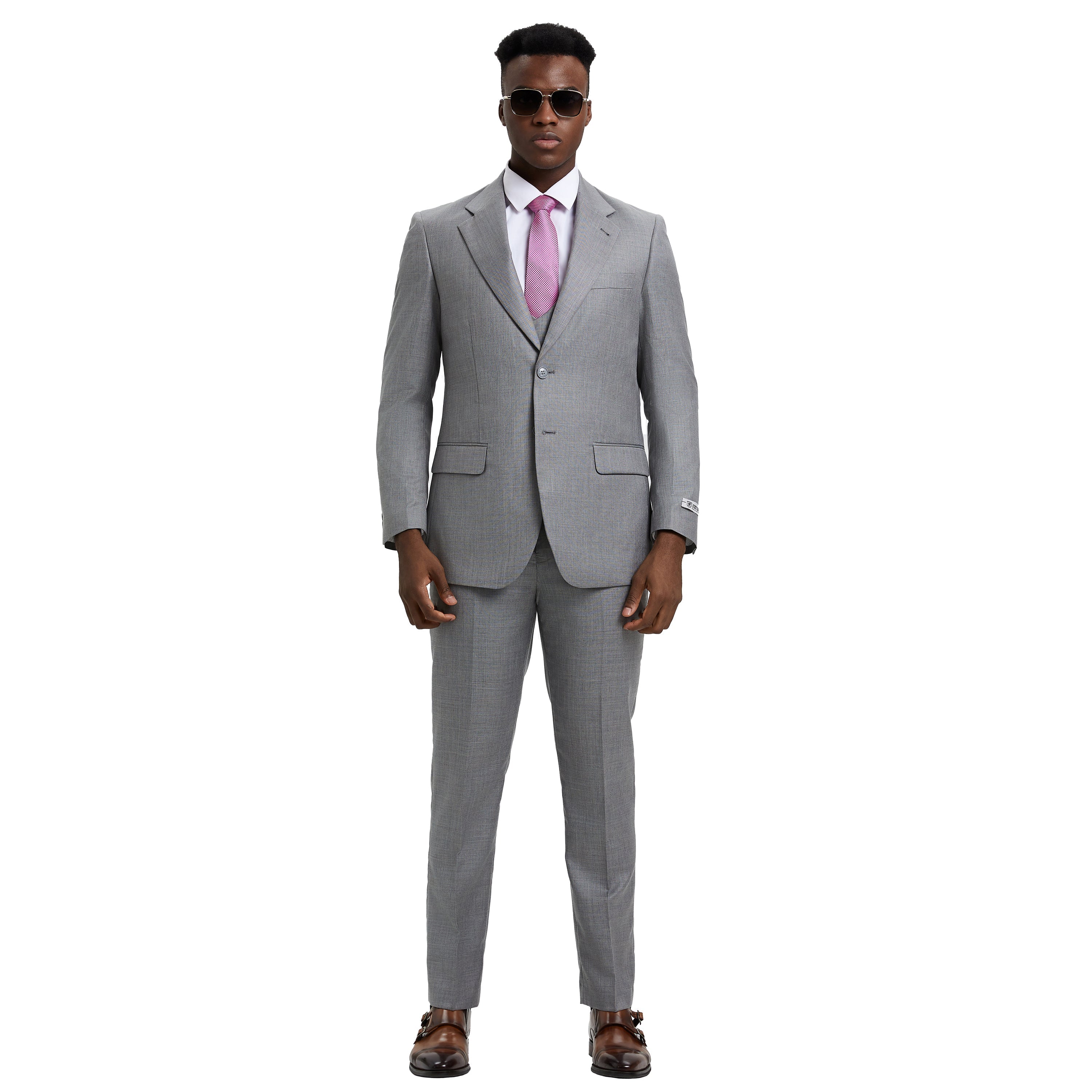 Men’s Suit, Stacy Adams 3-Piece Suit, Sharkskin Suit, Stone Grey Suit, Formalwear, Business Attire, Wedding Suit, D&K Menswear Collection