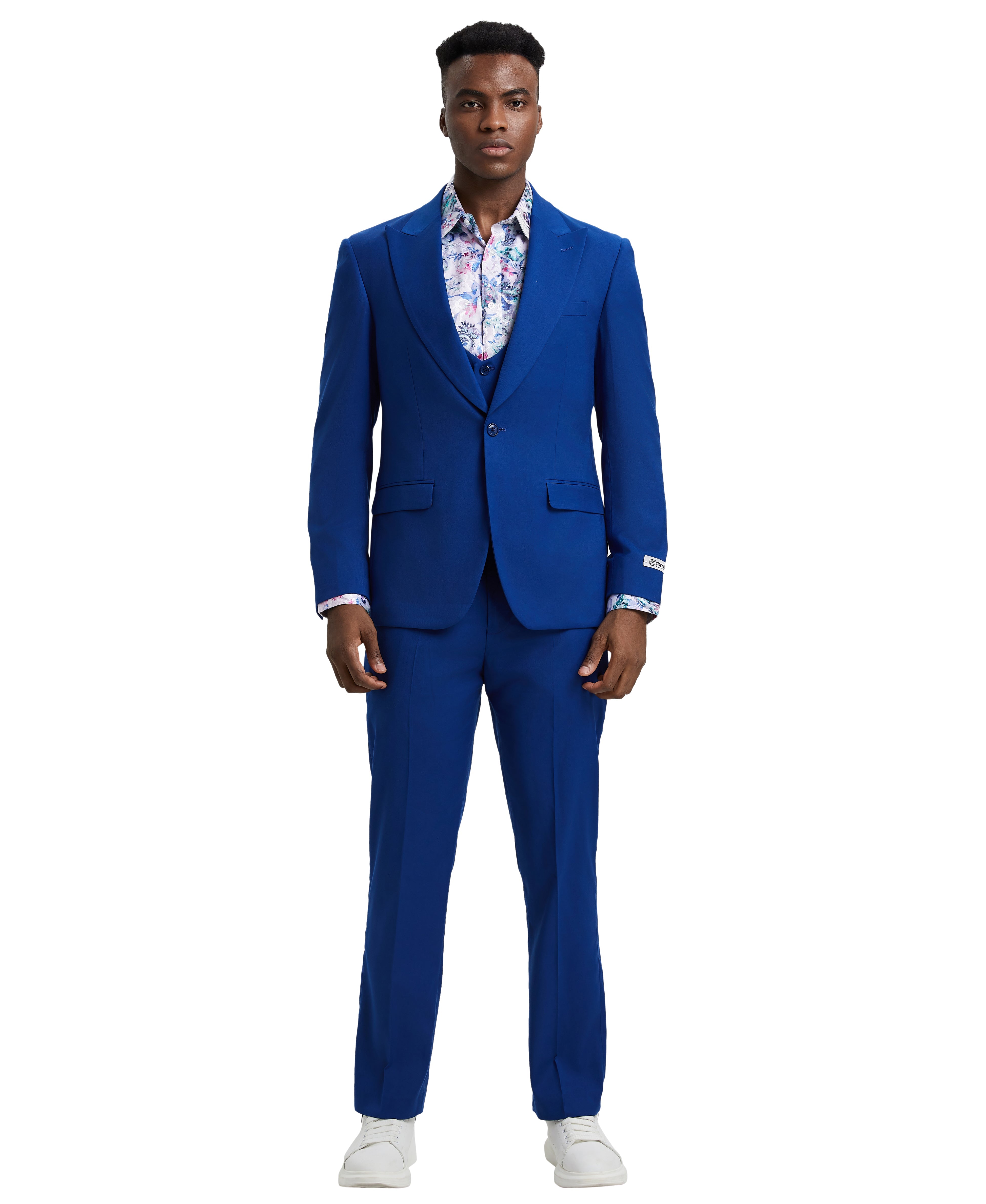 Men’s Suit, Stacy Adams 3-Piece Suit, Hybrid-Fit Suit, Peak Lapel Suit, Cobalt Blue Suit, Formalwear, Business Attire, Wedding Suit, D&K Menswear Collection
