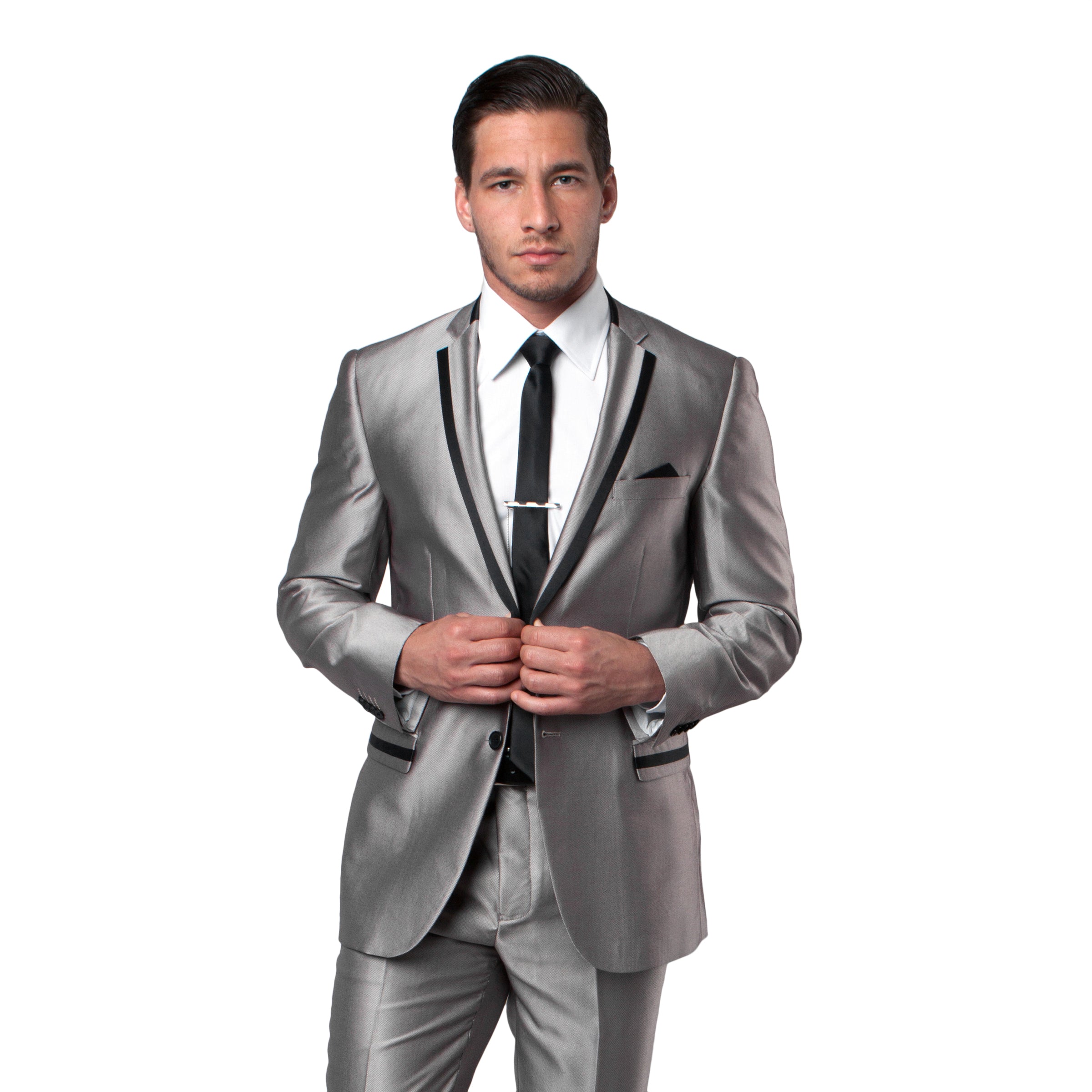 Black / Black Solid Tone on Tone Satin 2-PC Slim Fit Stretch Suits For Men