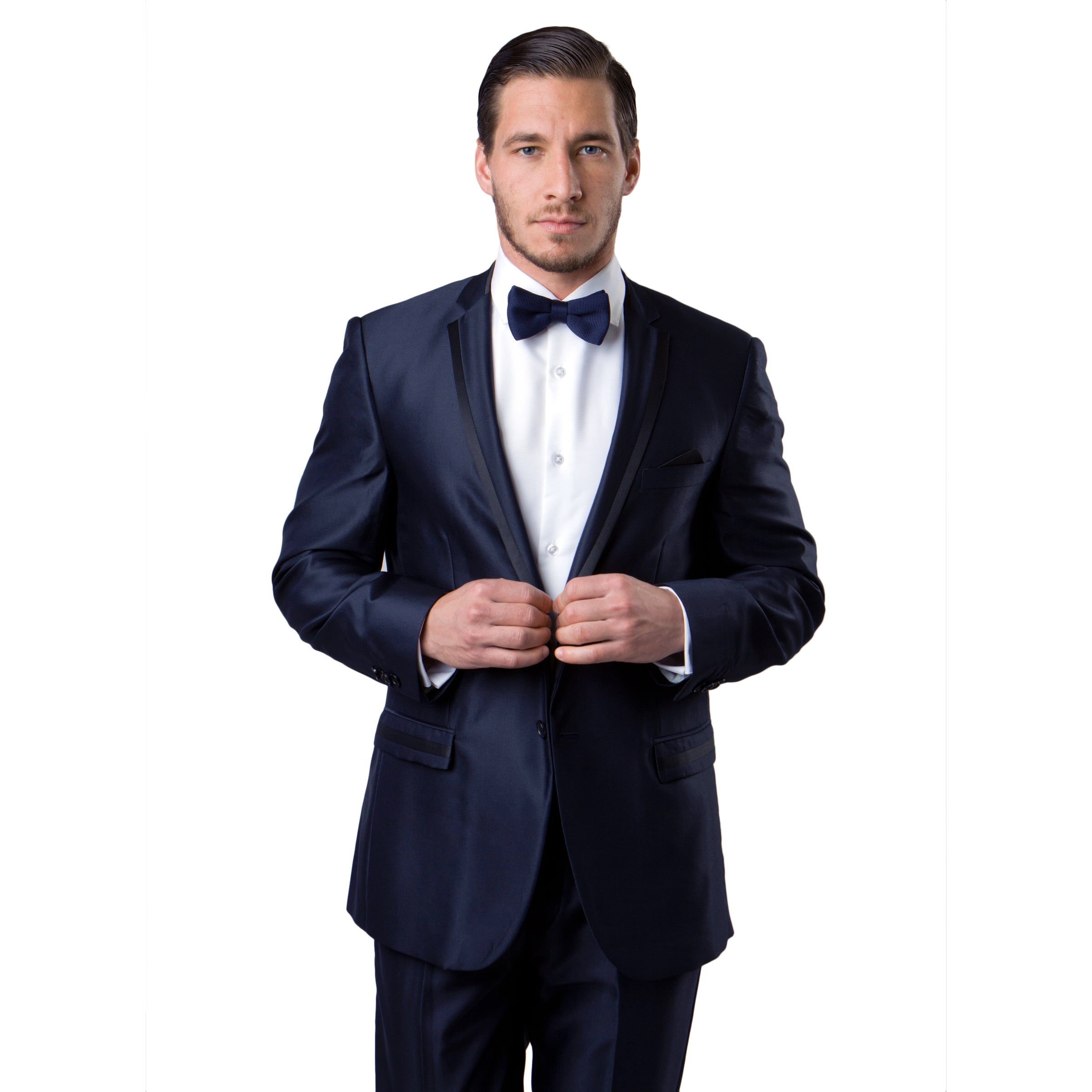Black / Black Solid Tone on Tone Satin 2-PC Slim Fit Stretch Suits For Men