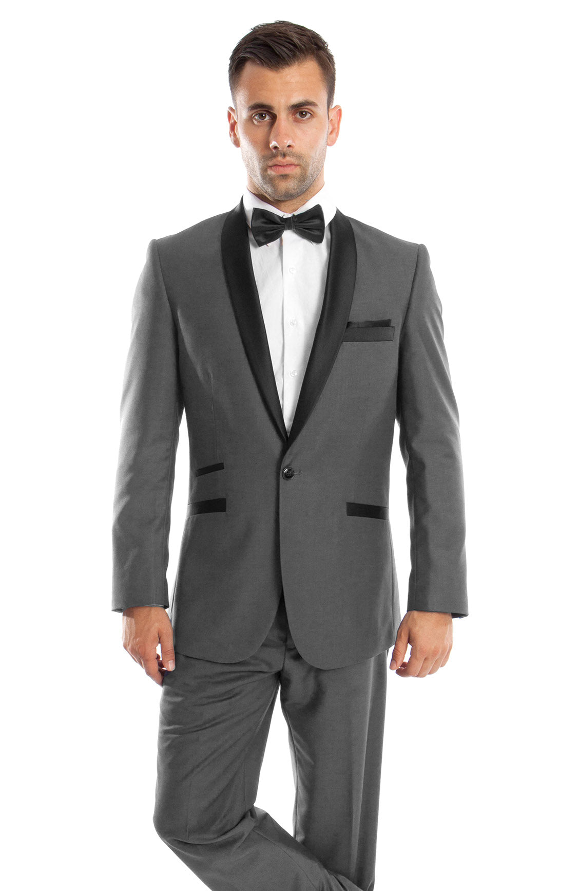 Gray / Black Solid with Black Shawl Collar Trim 2-PC Slim Fit Suits For Men Gray / Black / 42L/36W / M224S-01 Gray / Black Solid with Black Shawl Collar Trim 2-PC Slim Fit Suits For Men Gray / Black / 42L/36W / M224S-01