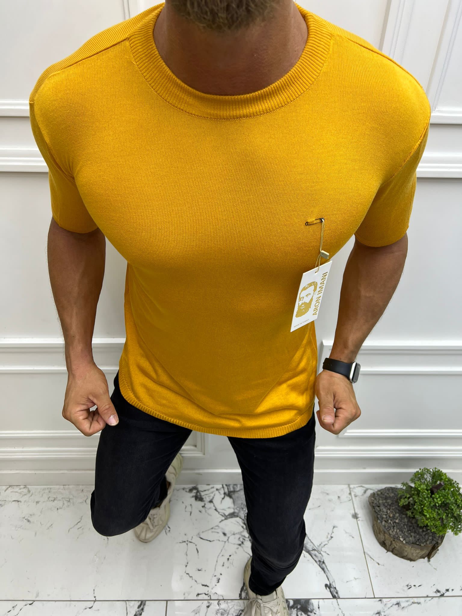 Aaron Imani Knit Short Sleeve Mock Golden