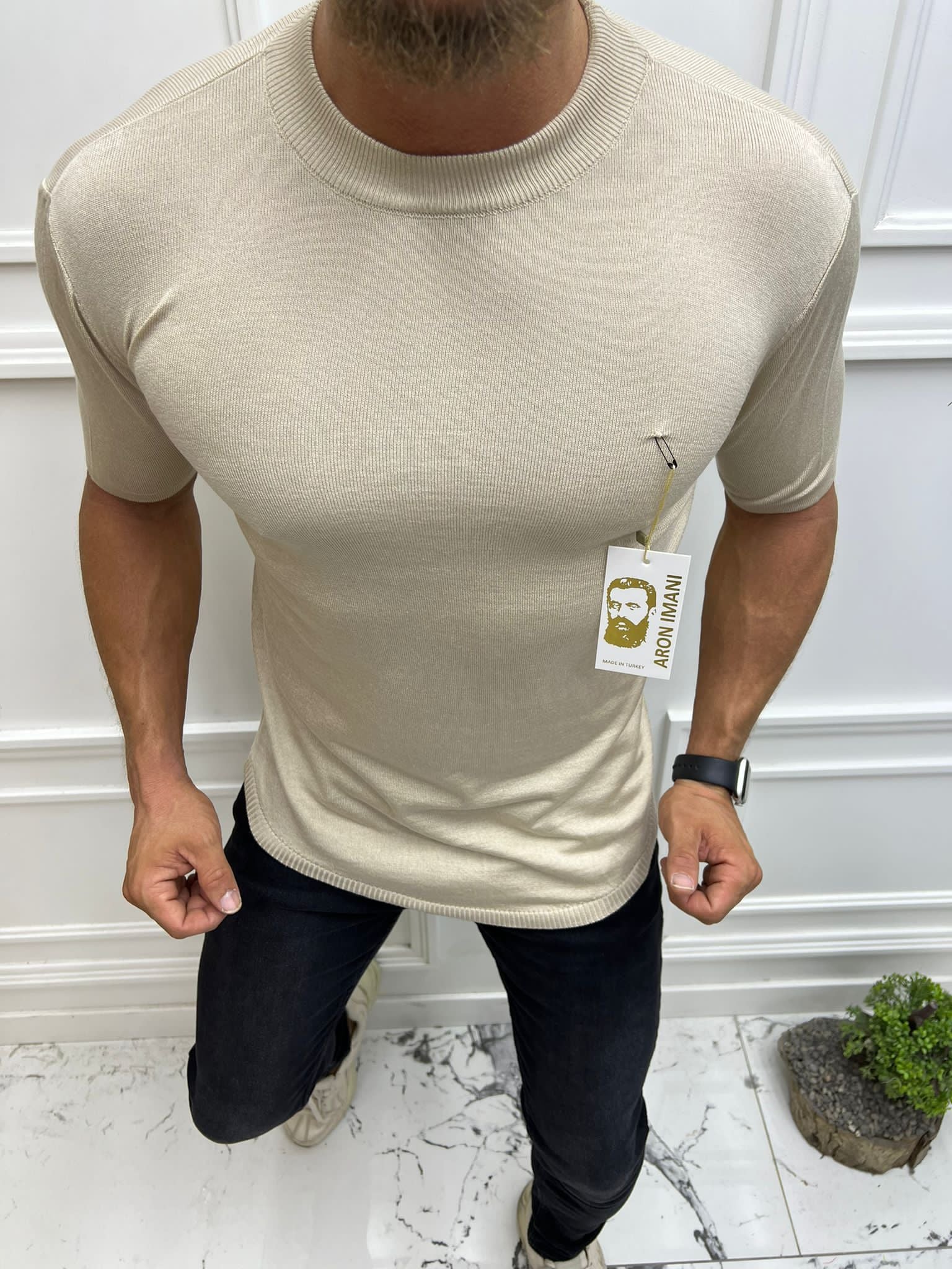 Aaron Imani Knit Short Sleeve Mock Sand