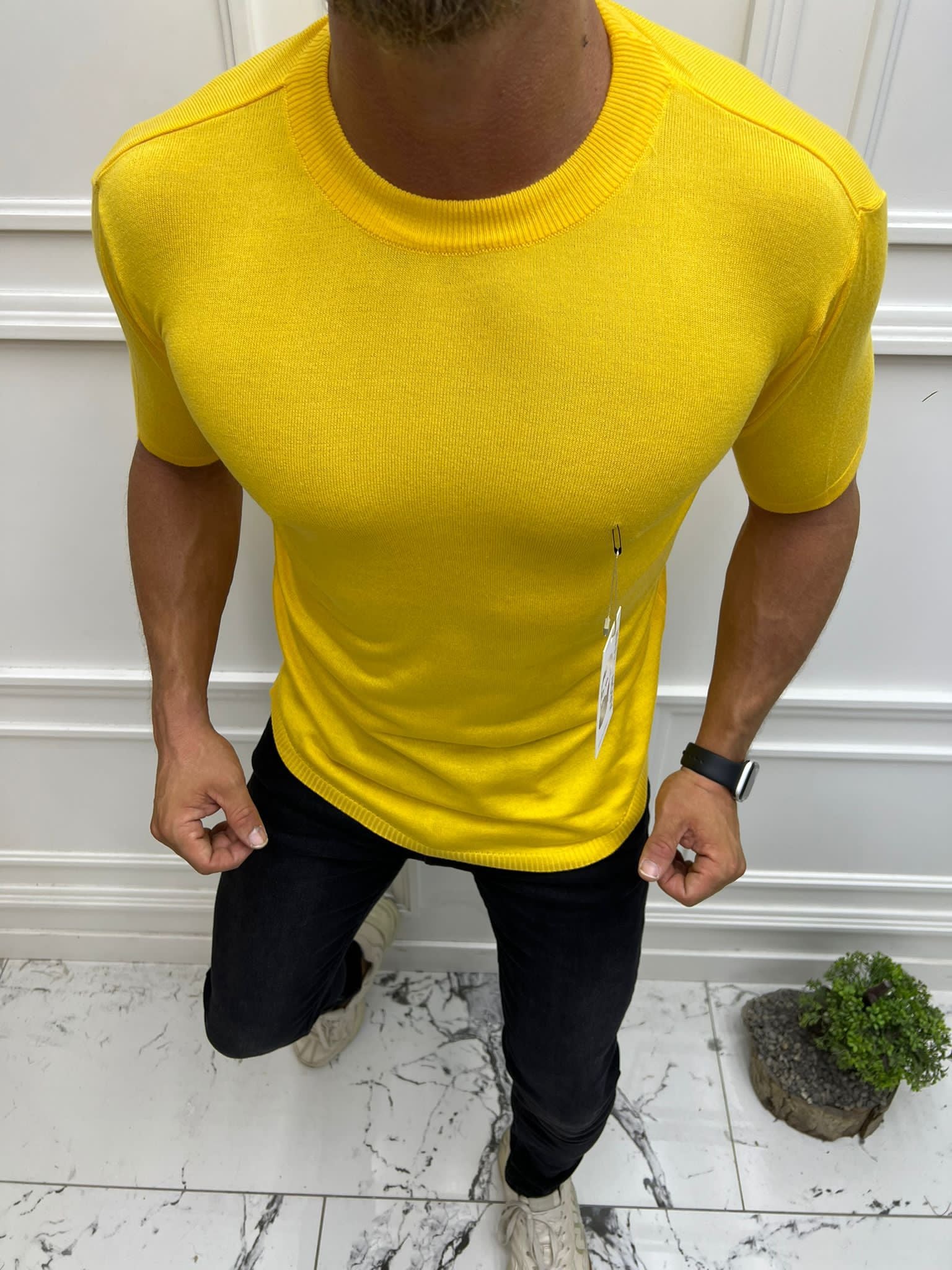 Aaron Imani Knit Short Sleeve Mock Yellow