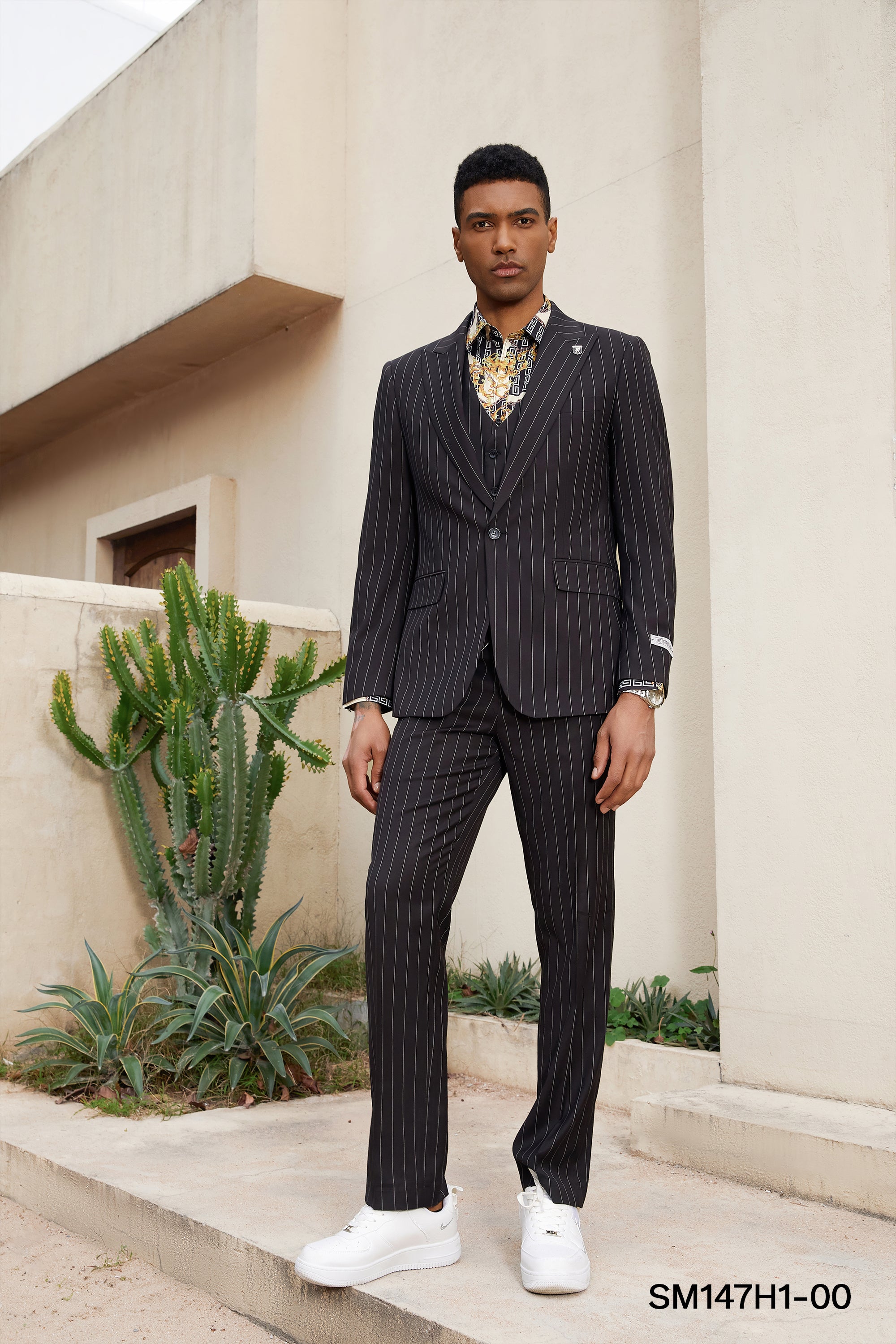 Stacy Adams Men's 3 Piece Hybrid Suit - Pinstripe Pattern - Black - 54L - CCO Menswear