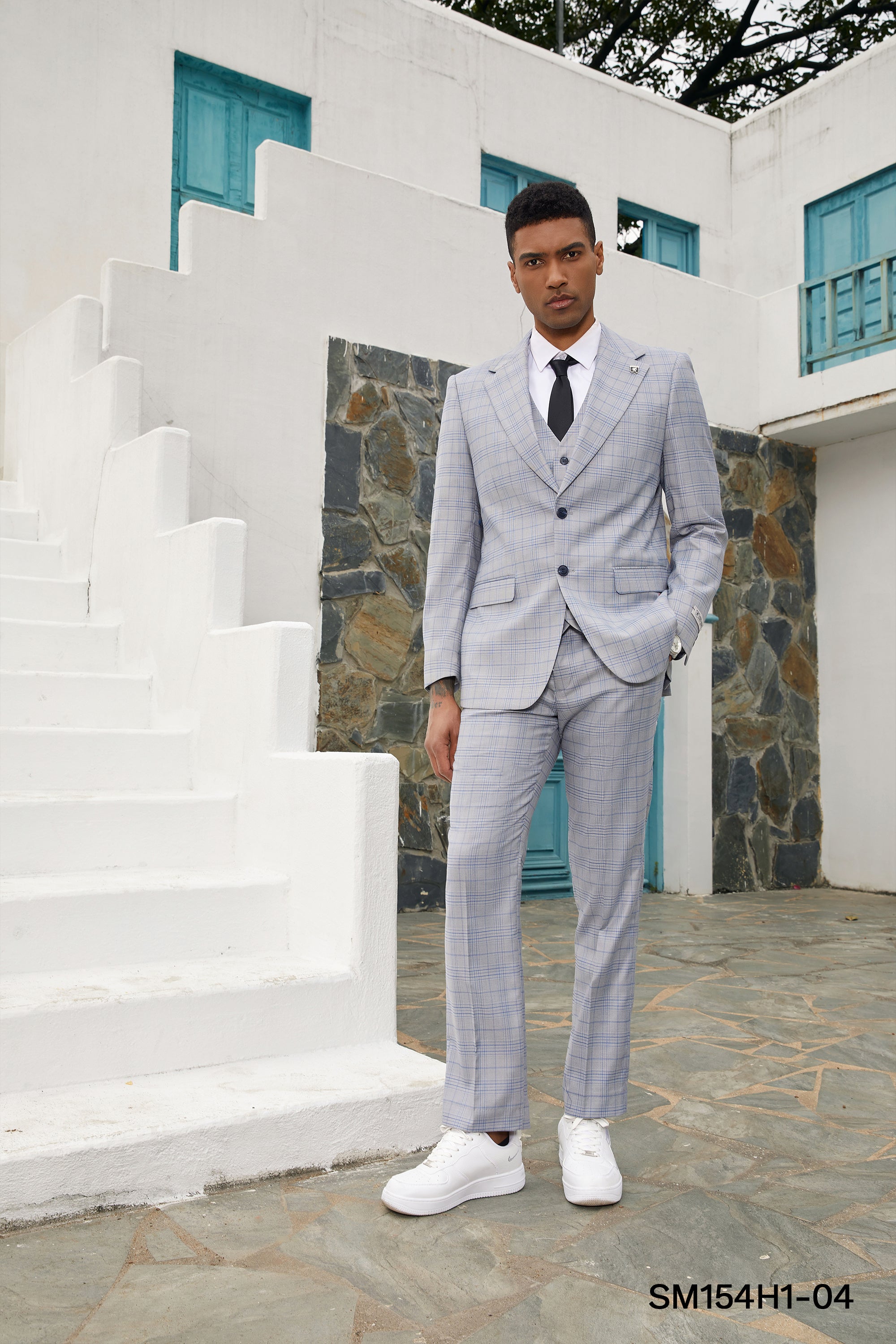 Baby Blue Glen Plaid 3 PC Stacy Adams Suit D & K Menswear