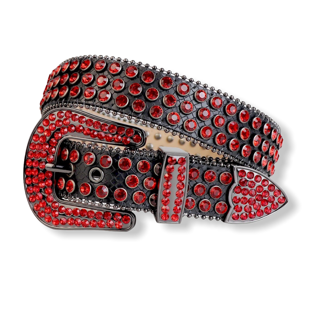 Luxe Premium Studded Rhinestone Black/Red Belt 22 XXL40/44