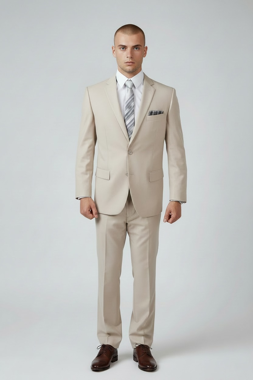 Tan Solid Mens Suit 2-PC Regular Modern Fit Suits For Men