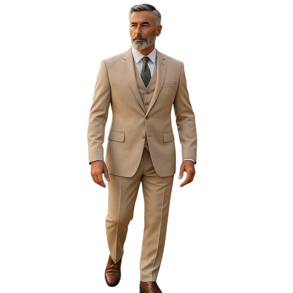 Tan Solid 3-PC Modern Fit Suits For Men
