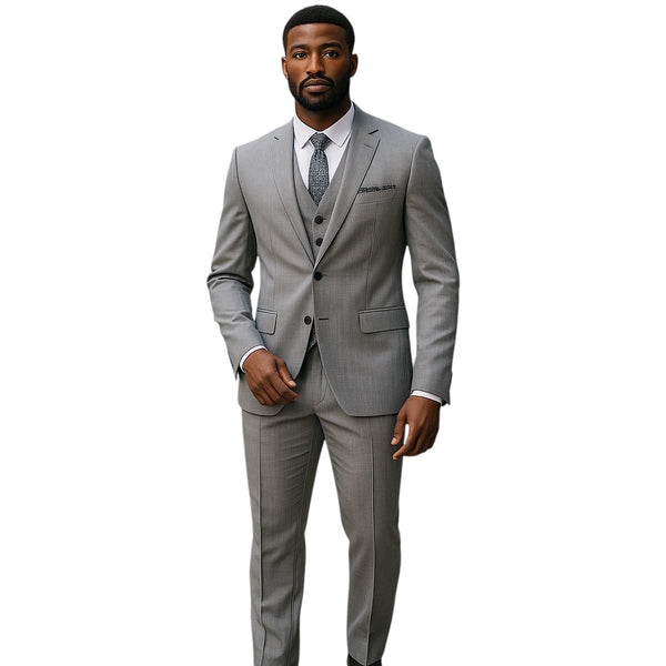Lt. Gray Solid Shiny Sharkskin 3-PC Regular Modern Fit Suits For Men