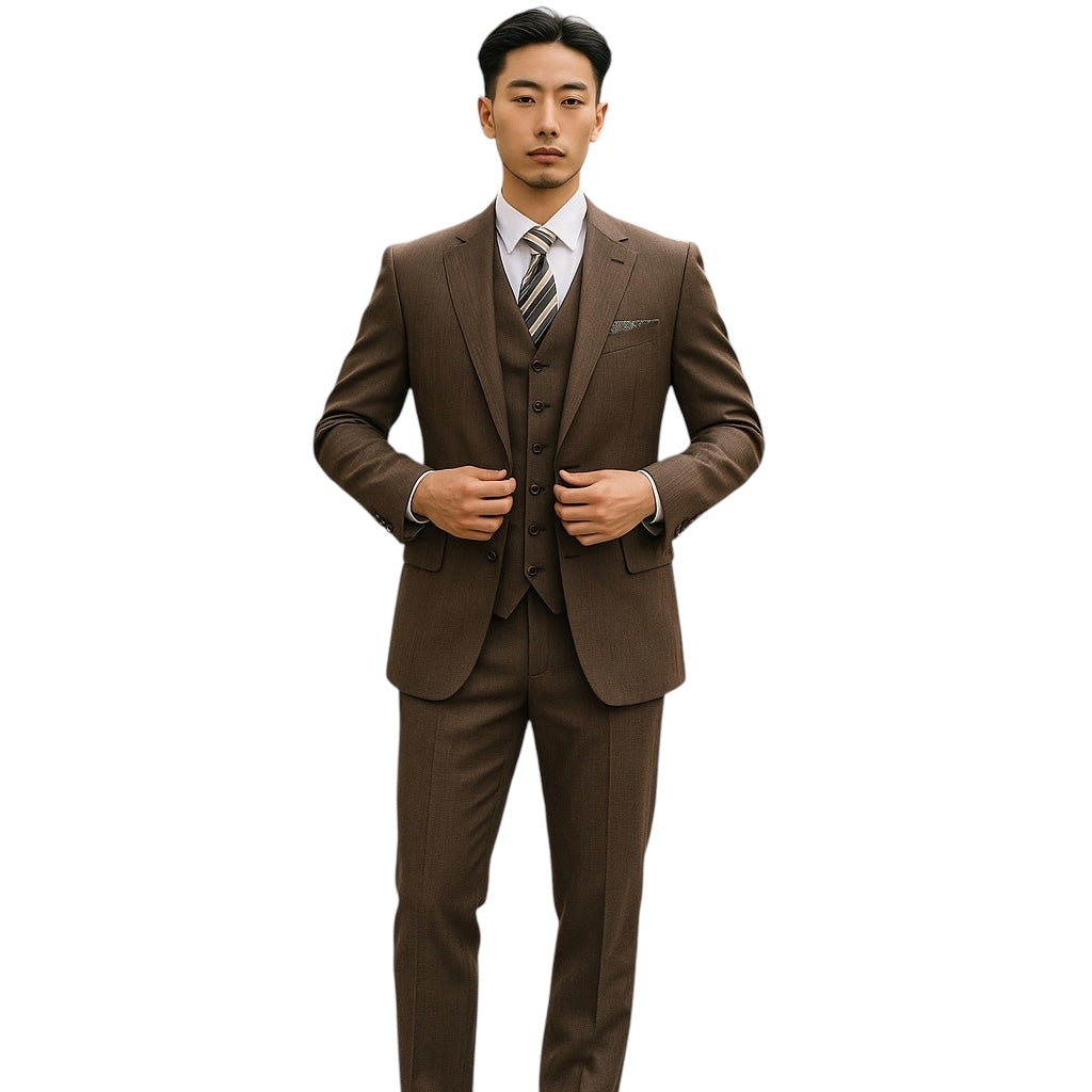 Brown Solid Shiny Sharkskin 3-PC Regular Modern Fit Suits For Men