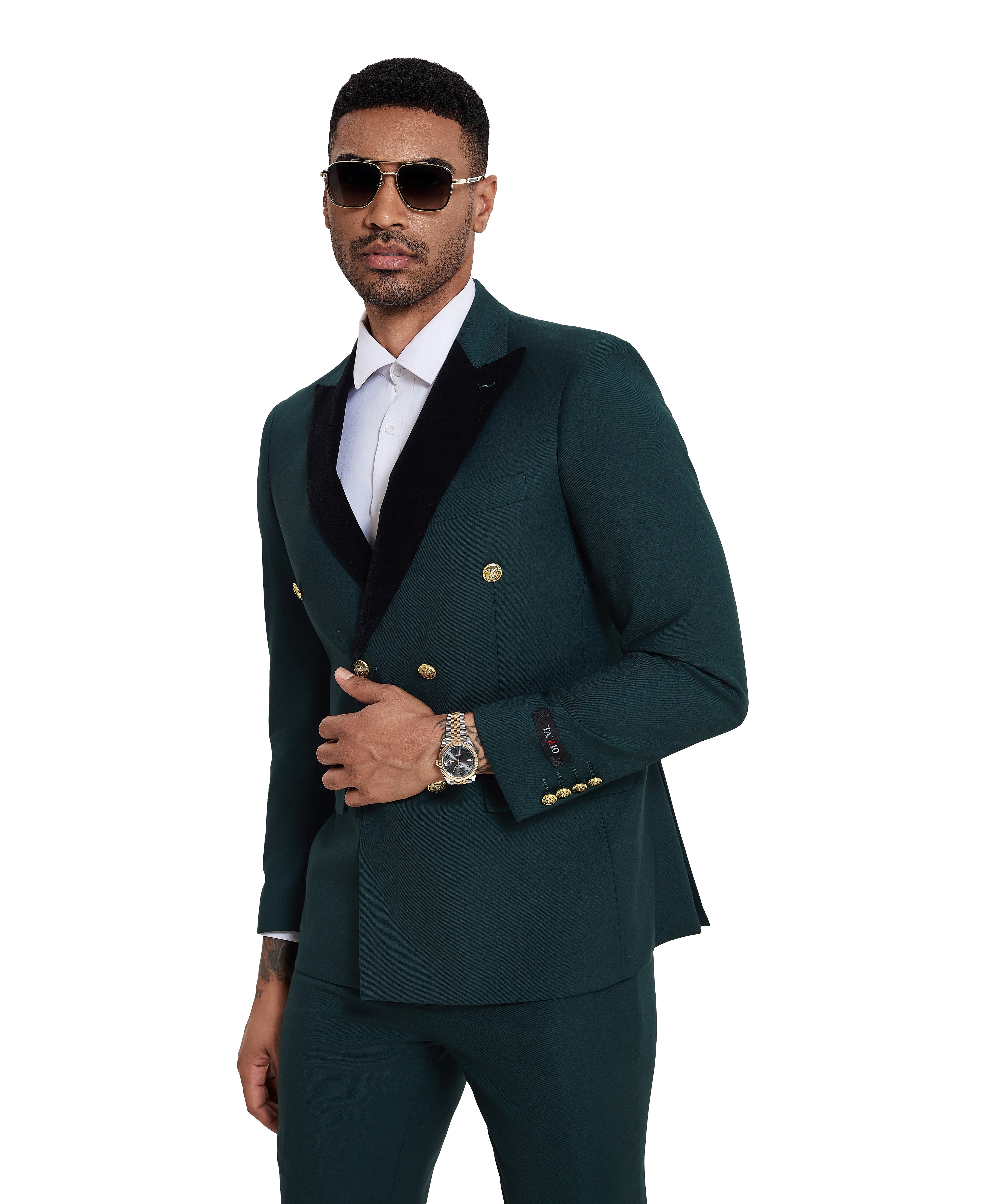 2 PC Solid Satin Peak Lapel Double Breasted Suit