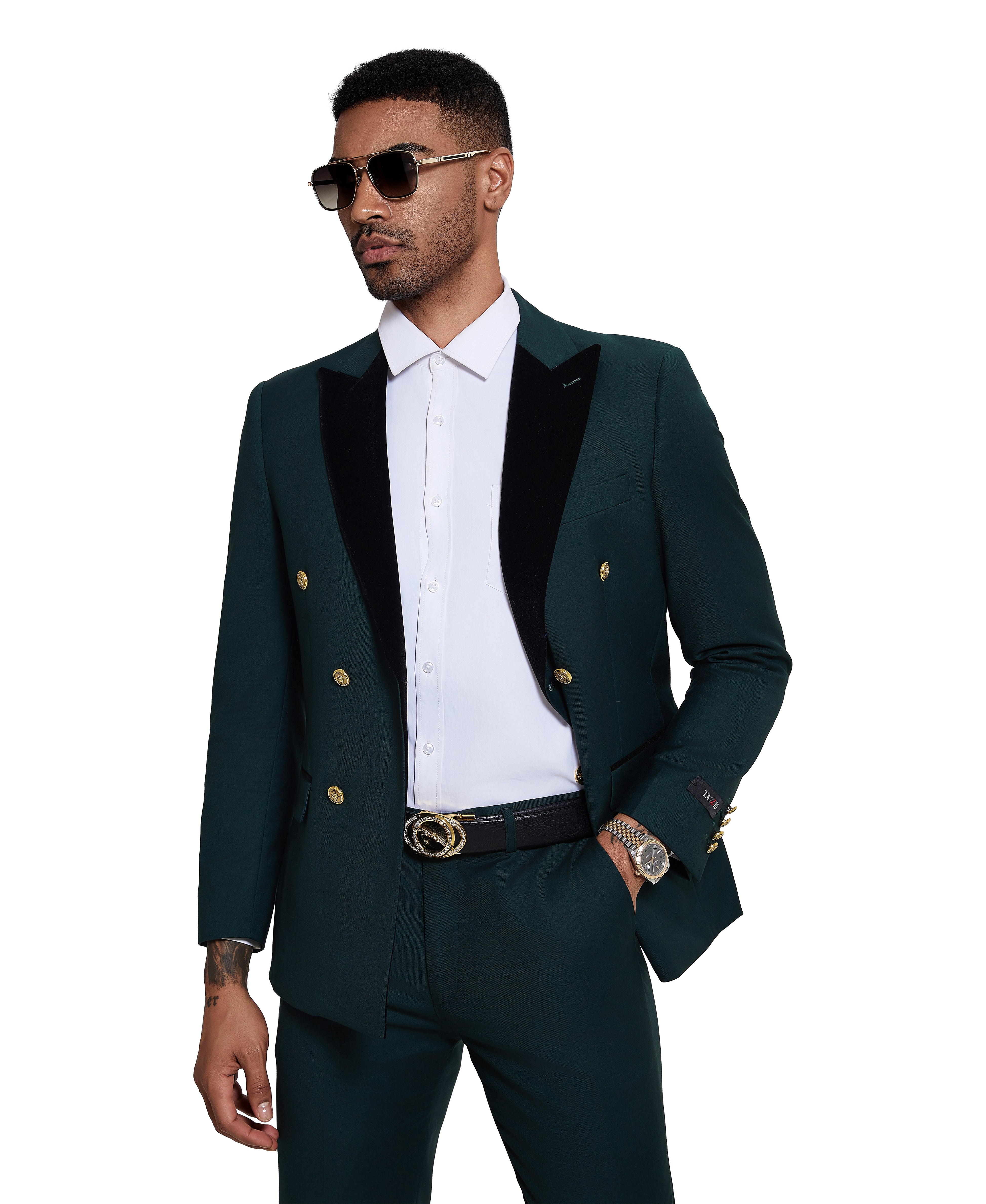 2 PC Solid Satin Peak Lapel Double Breasted Suit