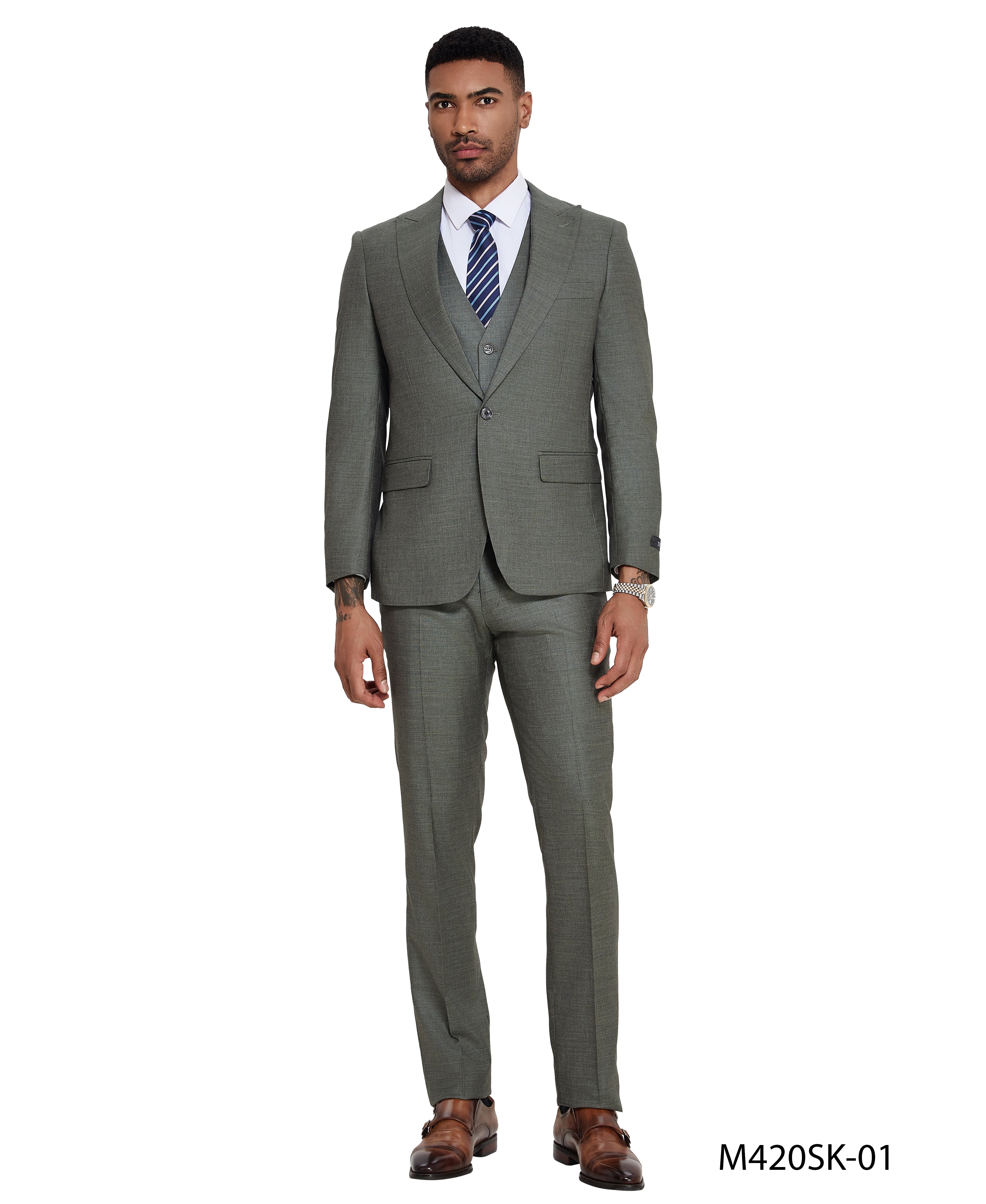 3 PC Solid Textured Peak Lapel Suit