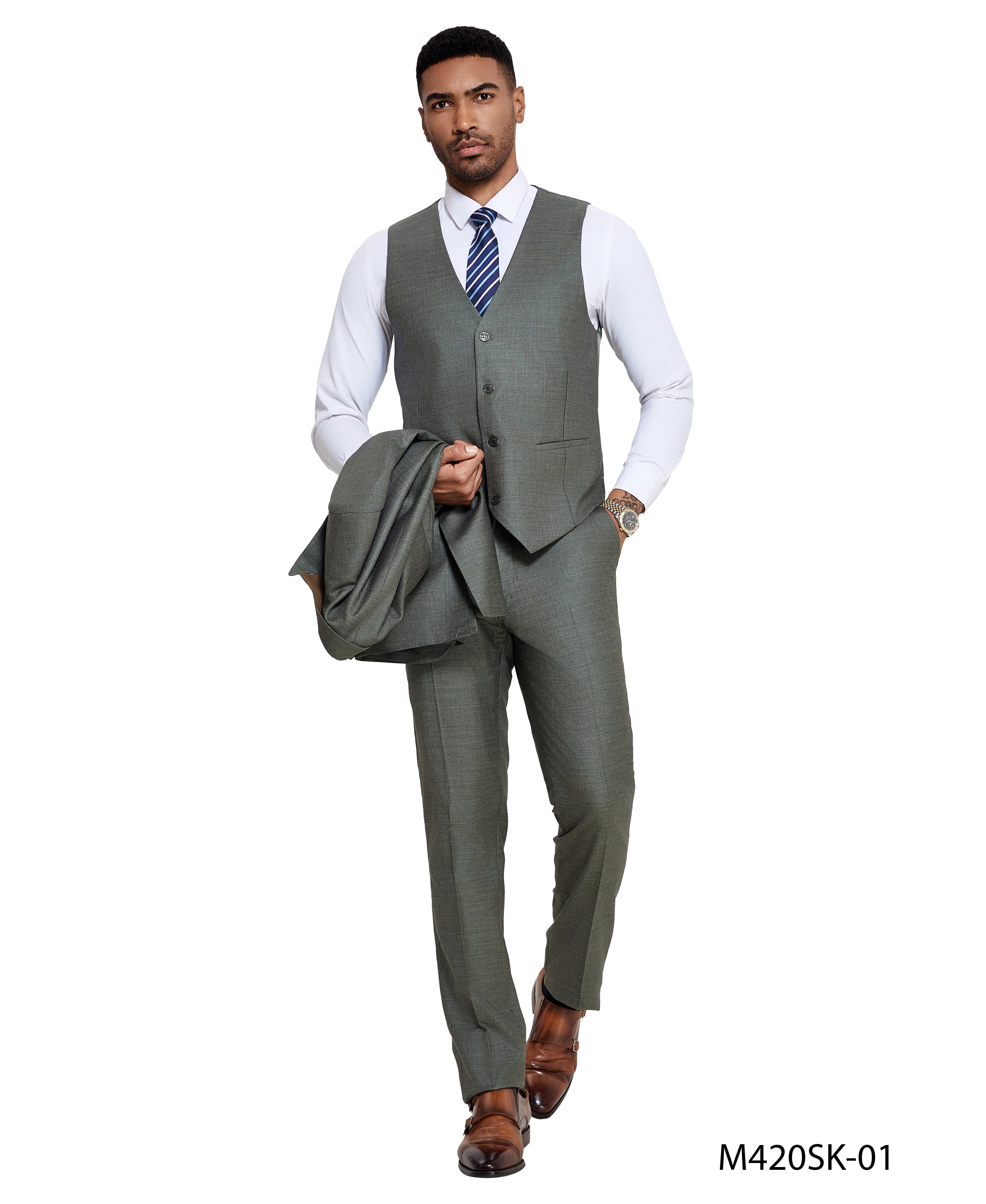 3 PC Solid Textured Peak Lapel Suit