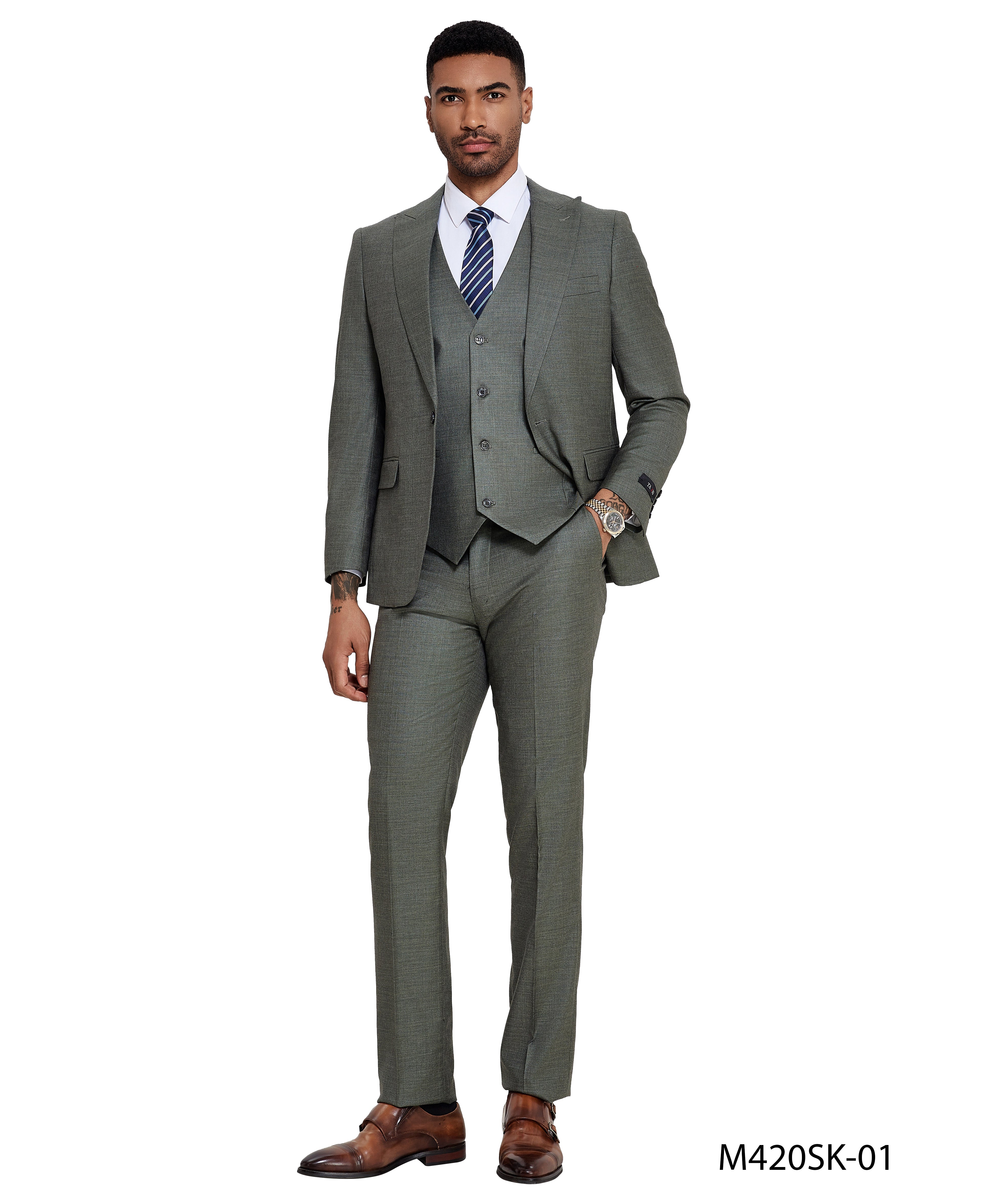 3 PC Solid Textured Peak Lapel Suit