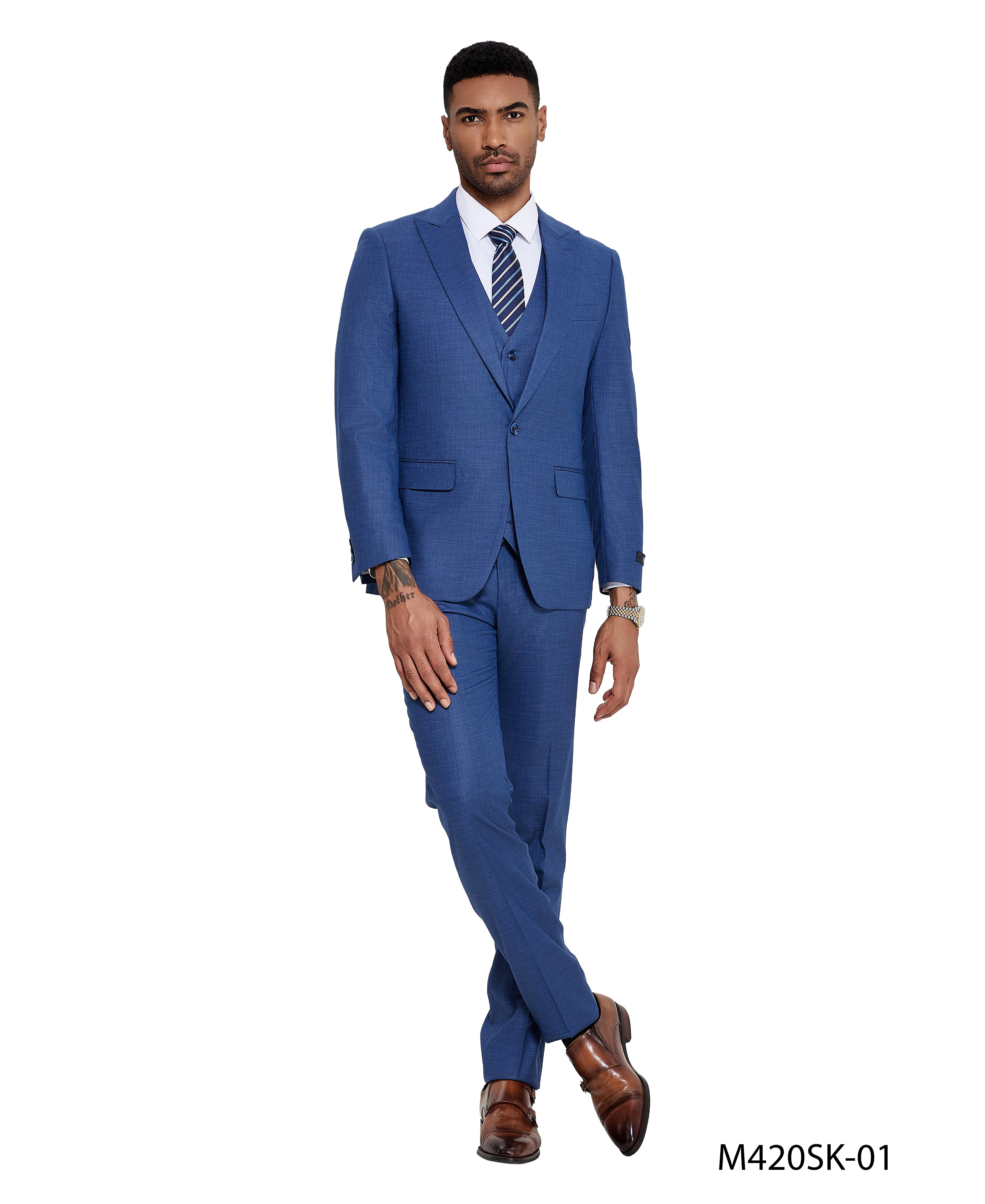 2 PC Solid Satin Peak Lapel Double Breasted Suit