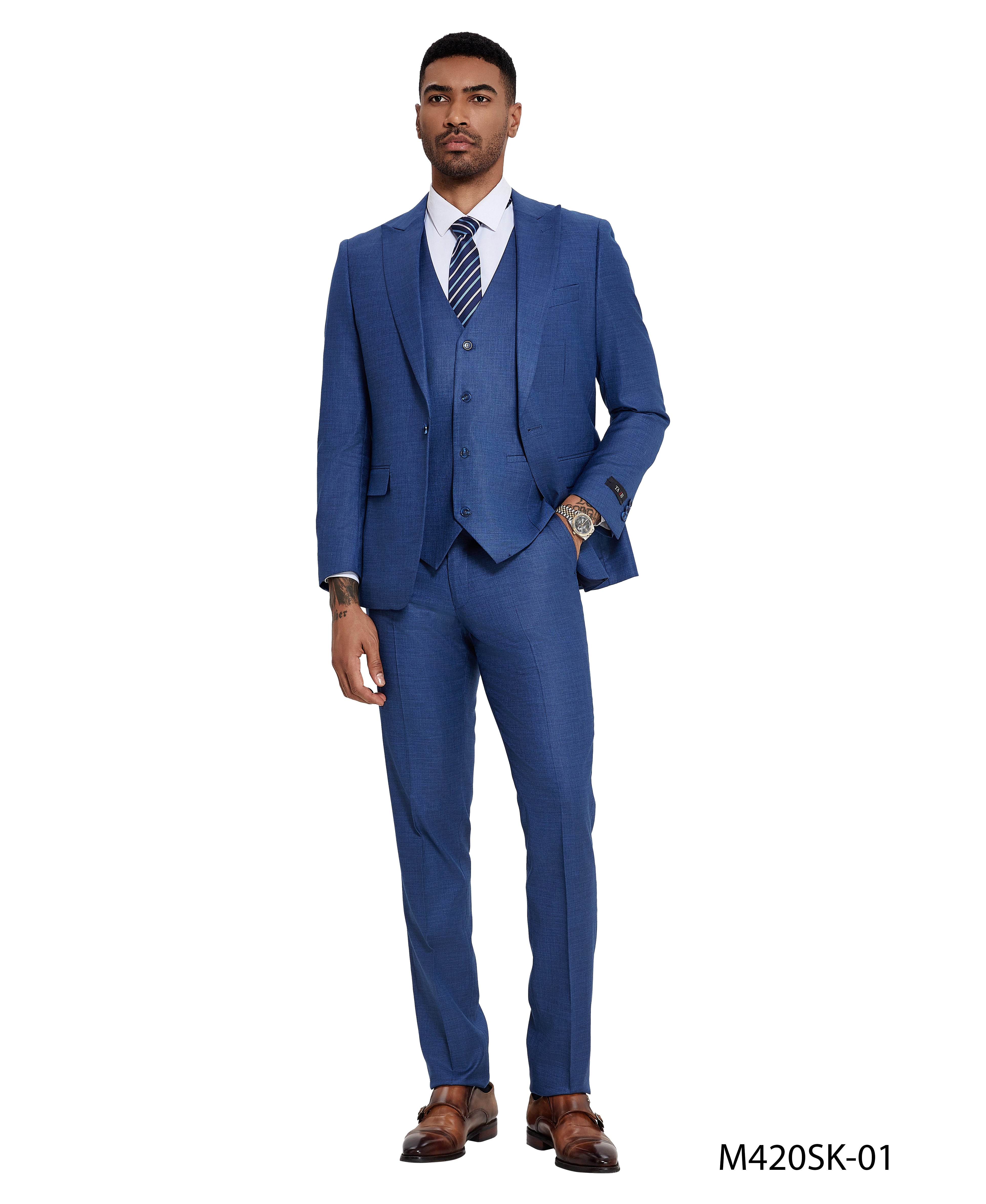 3 PC Solid Textured Peak Lapel Suit