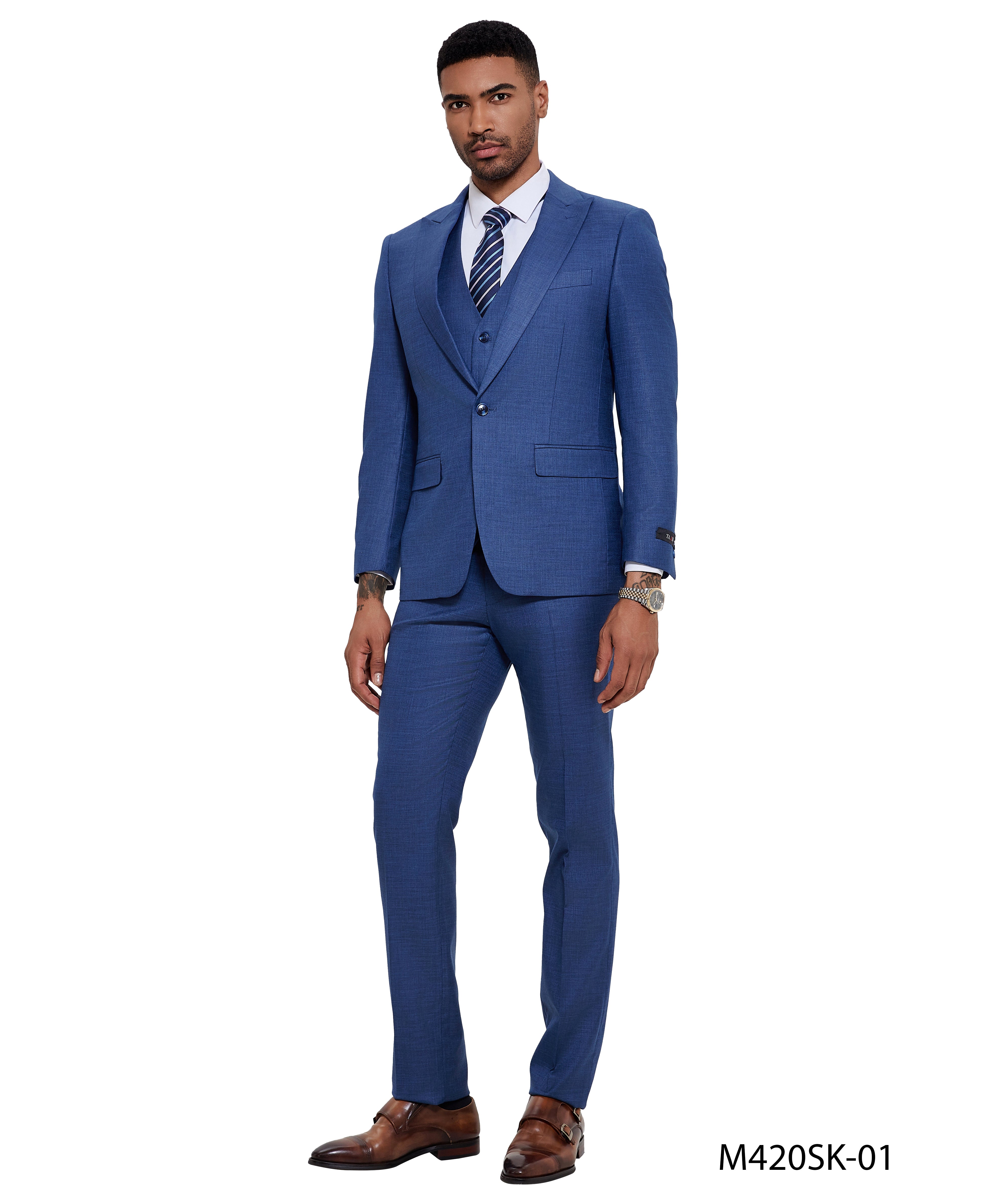 2 PC Solid Satin Peak Lapel Double Breasted Suit