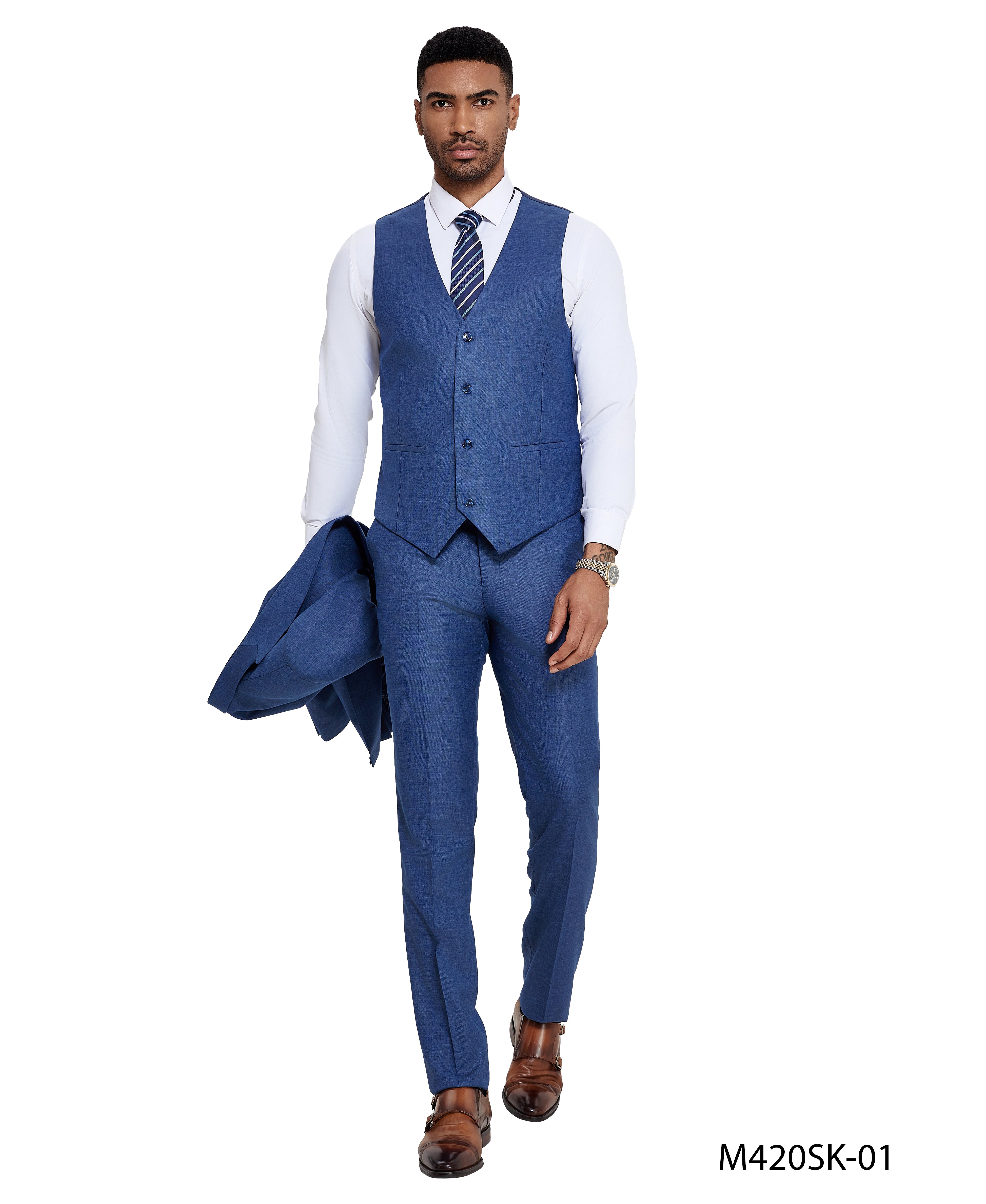 2 PC Solid Satin Peak Lapel Double Breasted Suit