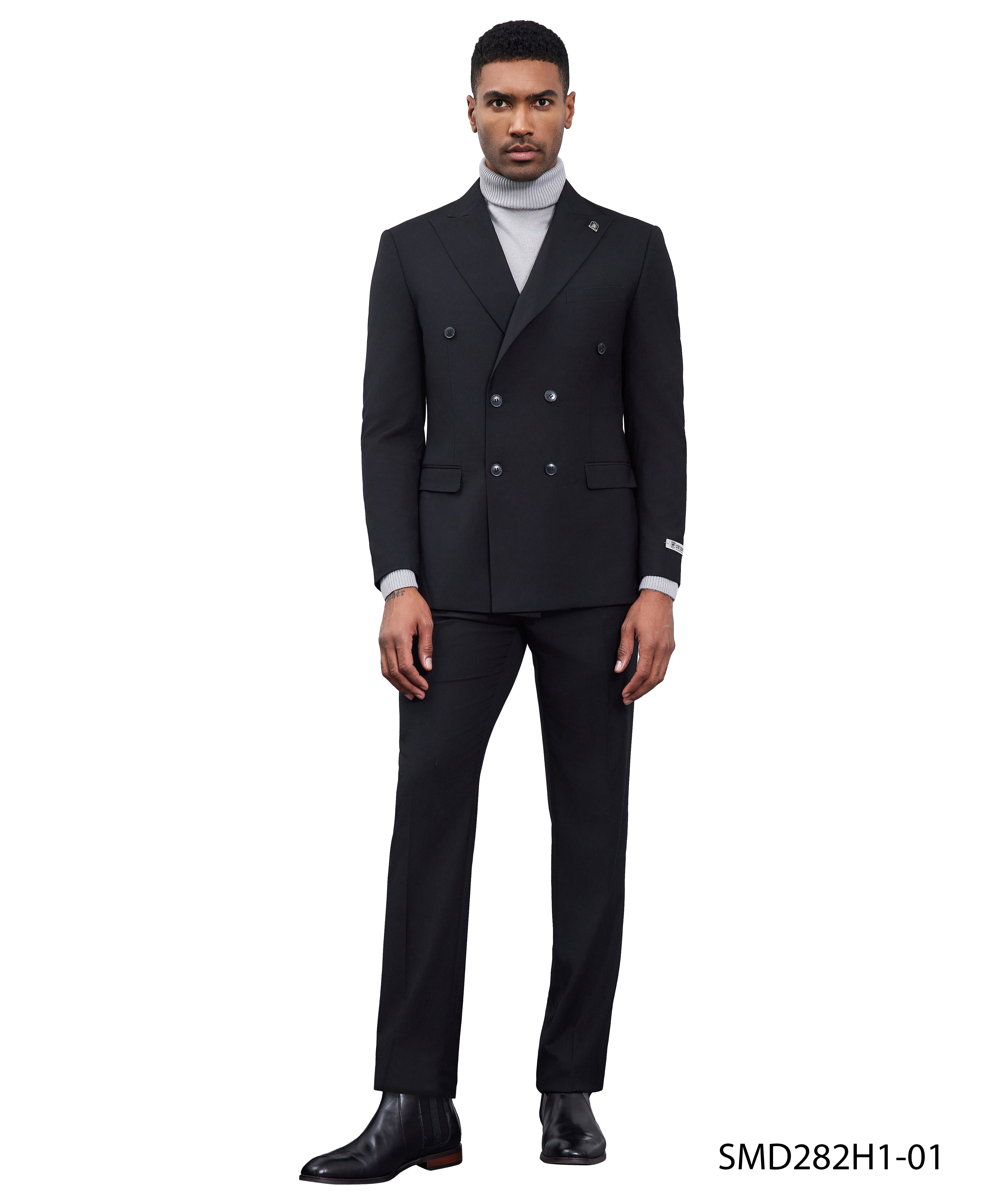 Men’s Suit, Stacy Adams Double-Breasted Suit, Black Suit, Peak Lapel Suit, Business Attire, Formalwear, Wedding Suit, Special Occasion Suit, D&K Menswear Collection