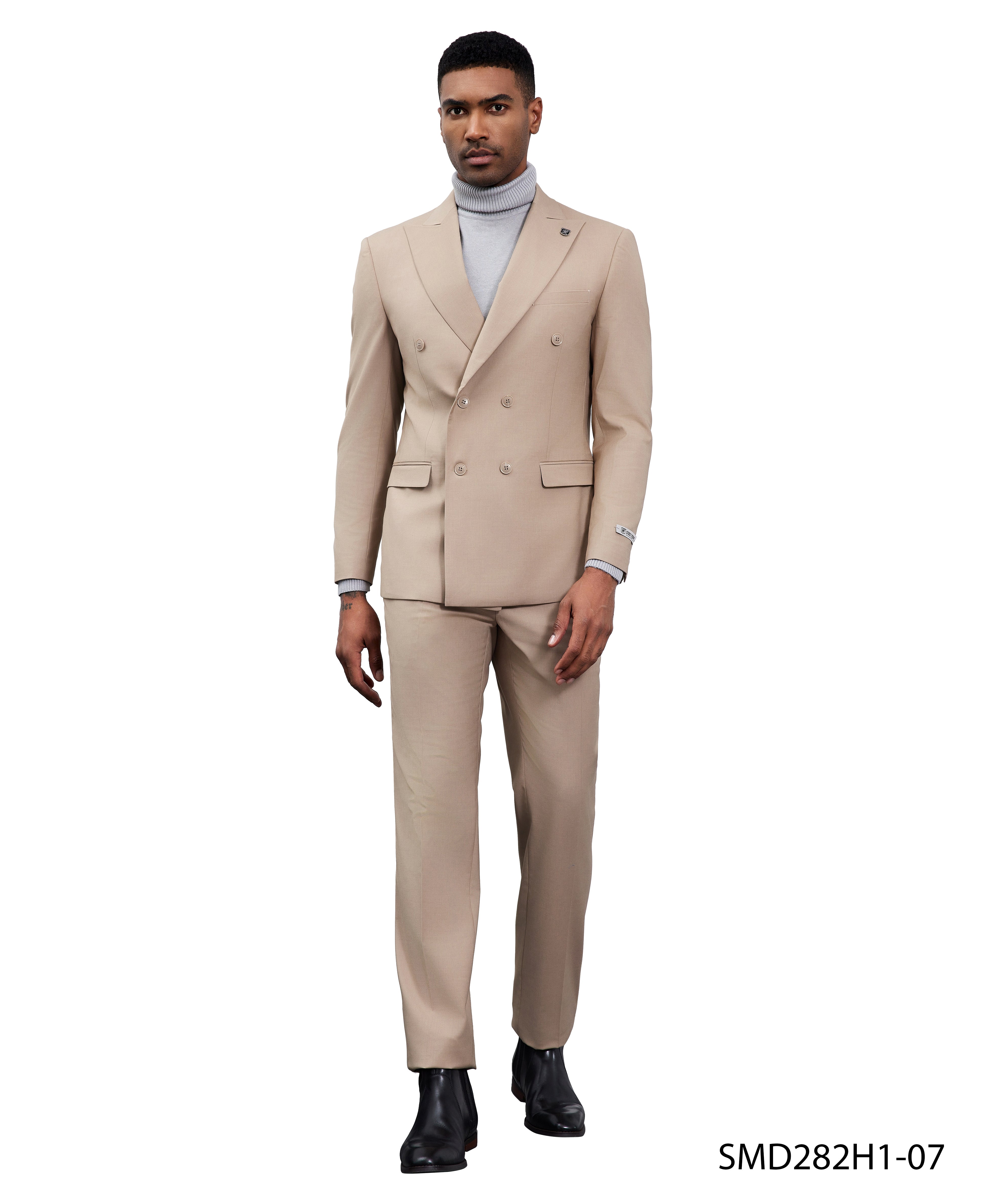 Men’s Suit, Stacy Adams Double-Breasted Suit, Tan Suit, Peak Lapel Suit, Business Attire, Formalwear, Wedding Suit, Special Occasion Suit, D&K Menswear Collection