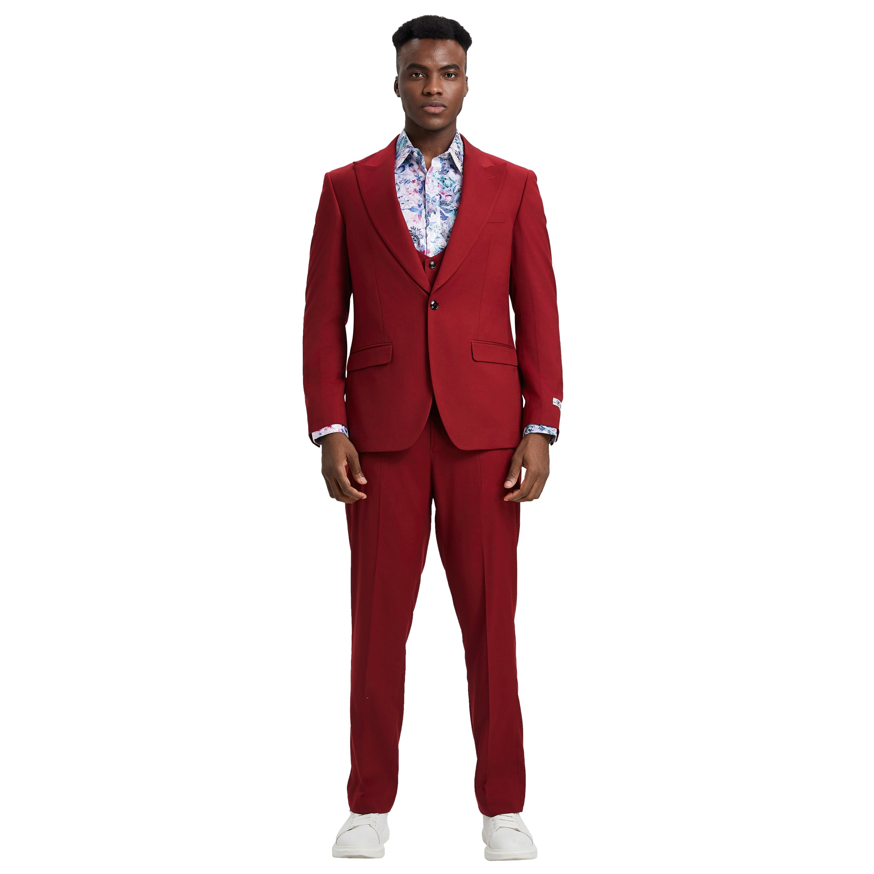 Men’s Suit, Stacy Adams 3-Piece Suit, Hybrid-Fit Suit, Peak Lapel Suit, Deep Cherry Suit, Formalwear, Business Attire, Wedding Suit, D&K Menswear Collection