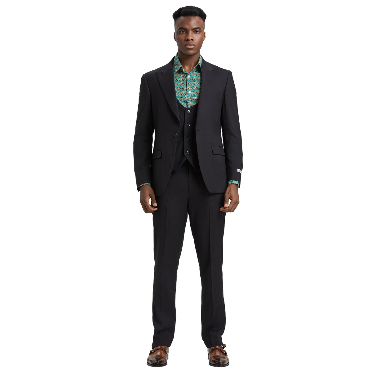 Men’s Suit, Stacy Adams 3-Piece Suit, Hybrid-Fit Suit, Peak Lapel Suit, Black Suit, Formalwear, Business Attire, Wedding Suit, D&K Menswear Collection