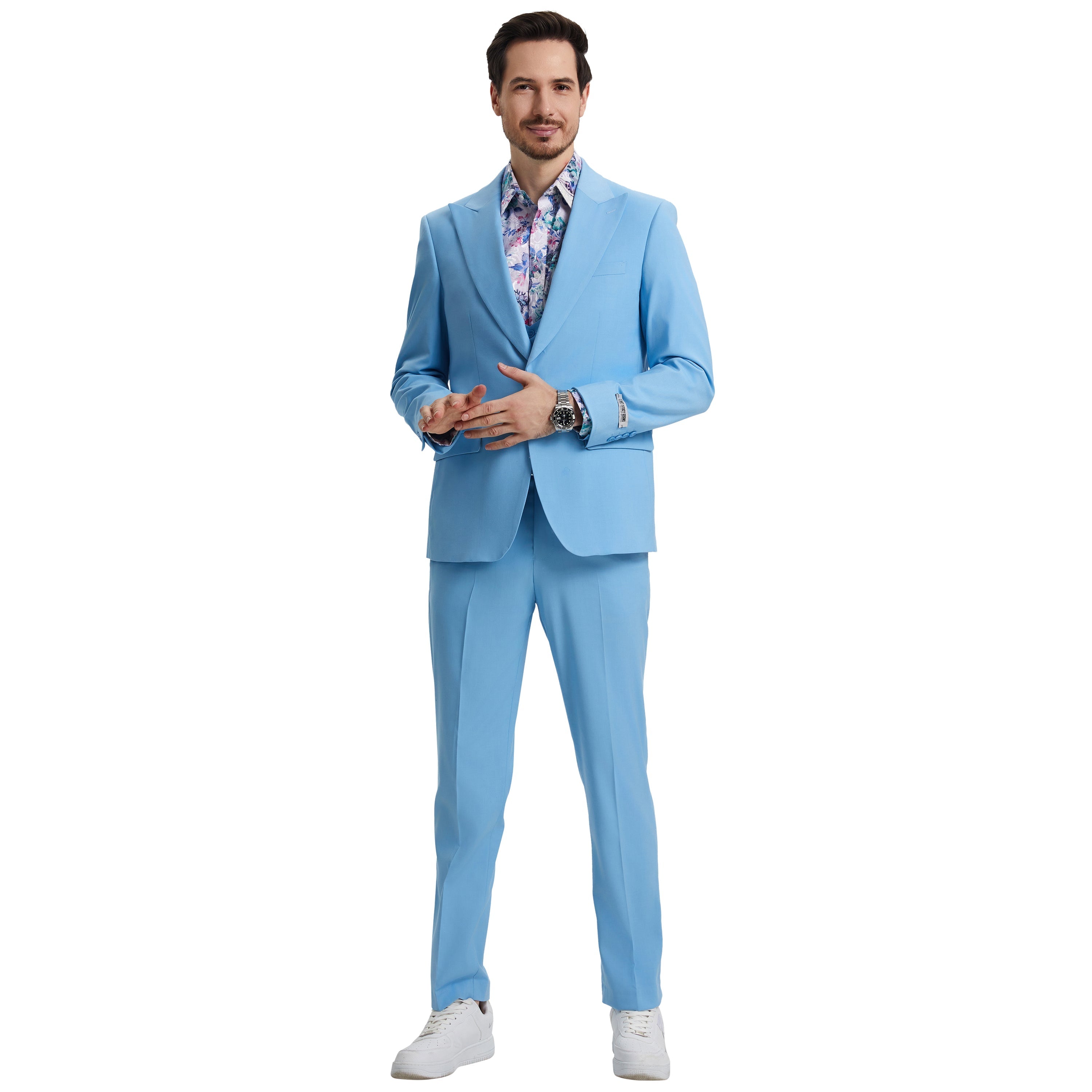 Men’s Suit, Stacy Adams 3-Piece Suit, Hybrid-Fit Suit, Peak Lapel Suit, Sky Blue Suit, Formalwear, Business Attire, Wedding Suit, D&K Menswear Collection