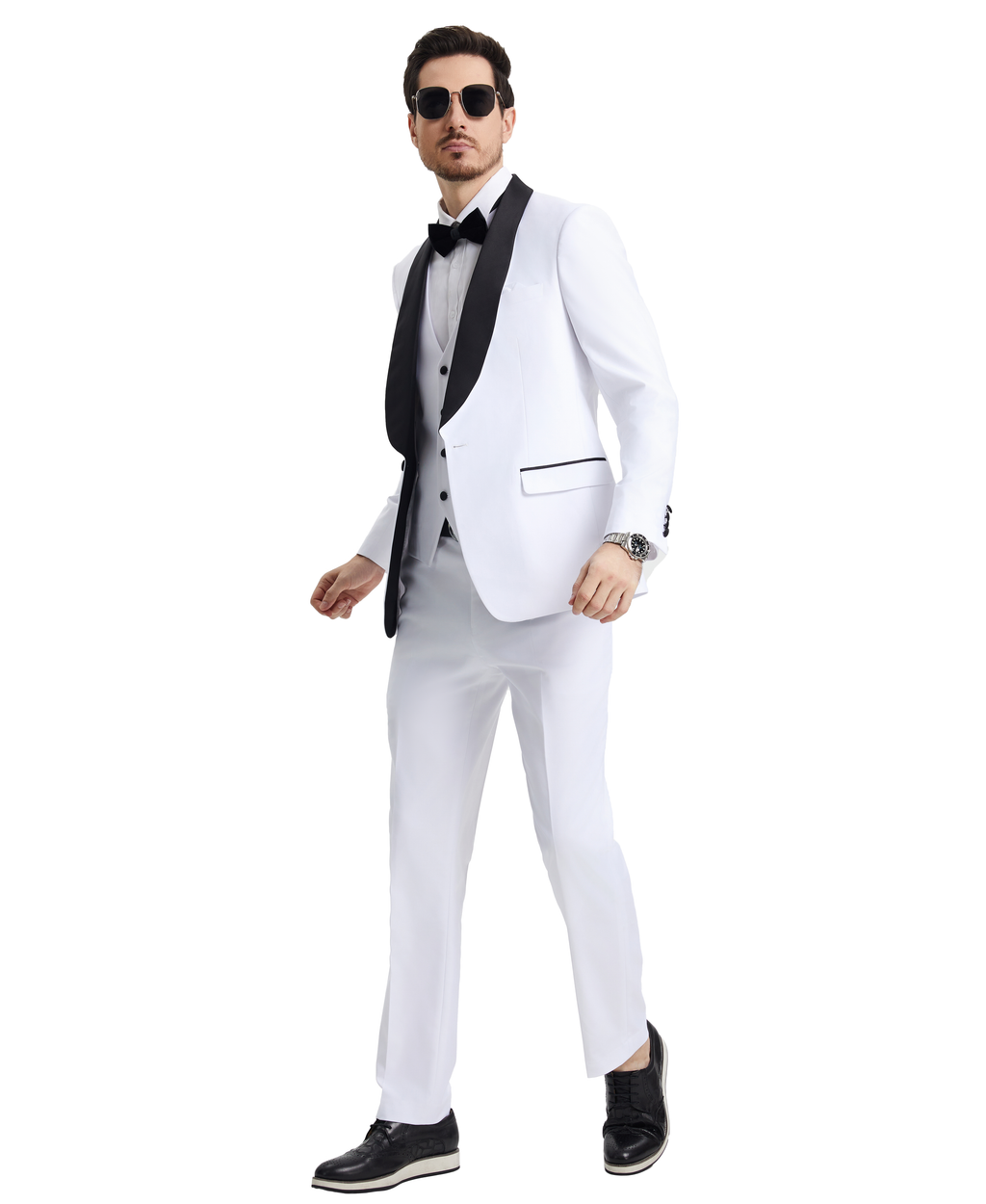 Men’s Tuxedo, Stacy Adams 3-Piece Tuxedo, Hybrid-Fit Tuxedo, Shawl Collar Tuxedo, White Tuxedo, Formalwear, Wedding Tuxedo, Black-Tie Attire, D&K Menswear Collection