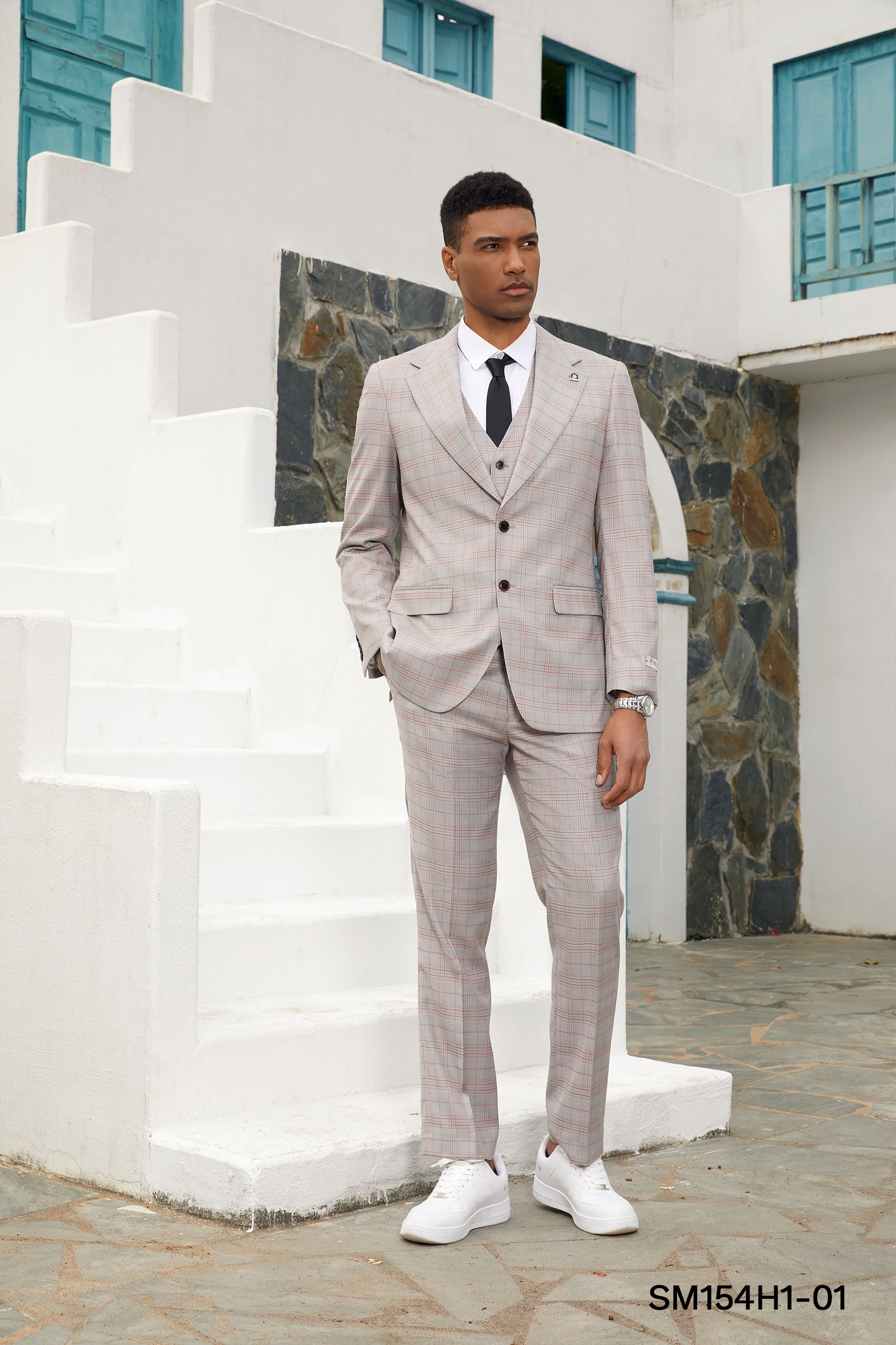 Men’s Suit, Stacy Adams 3-Piece Suit, Hybrid-Fit Suit, Peak Lapel Suit, Glen Plaid Suit, Light Tan Suit, Formalwear, Business Attire, Wedding Suit, D&K Menswear Collection
