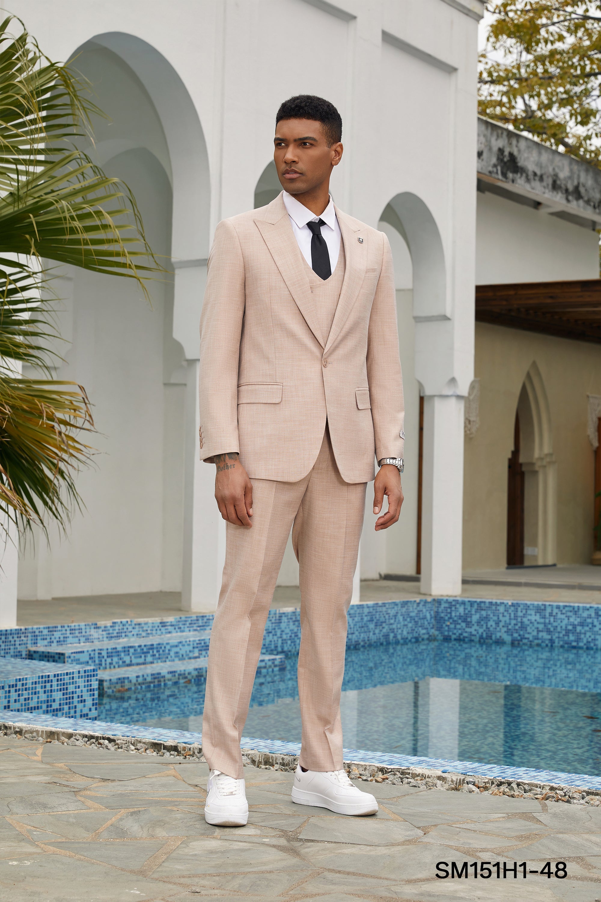 Men’s Suit, Stacy Adams 3-Piece Suit, Hybrid-Fit Suit, Peak Lapel Suit, Textured Light Camel Suit, Formalwear, Business Attire, Wedding Suit, D&K Menswear Collection